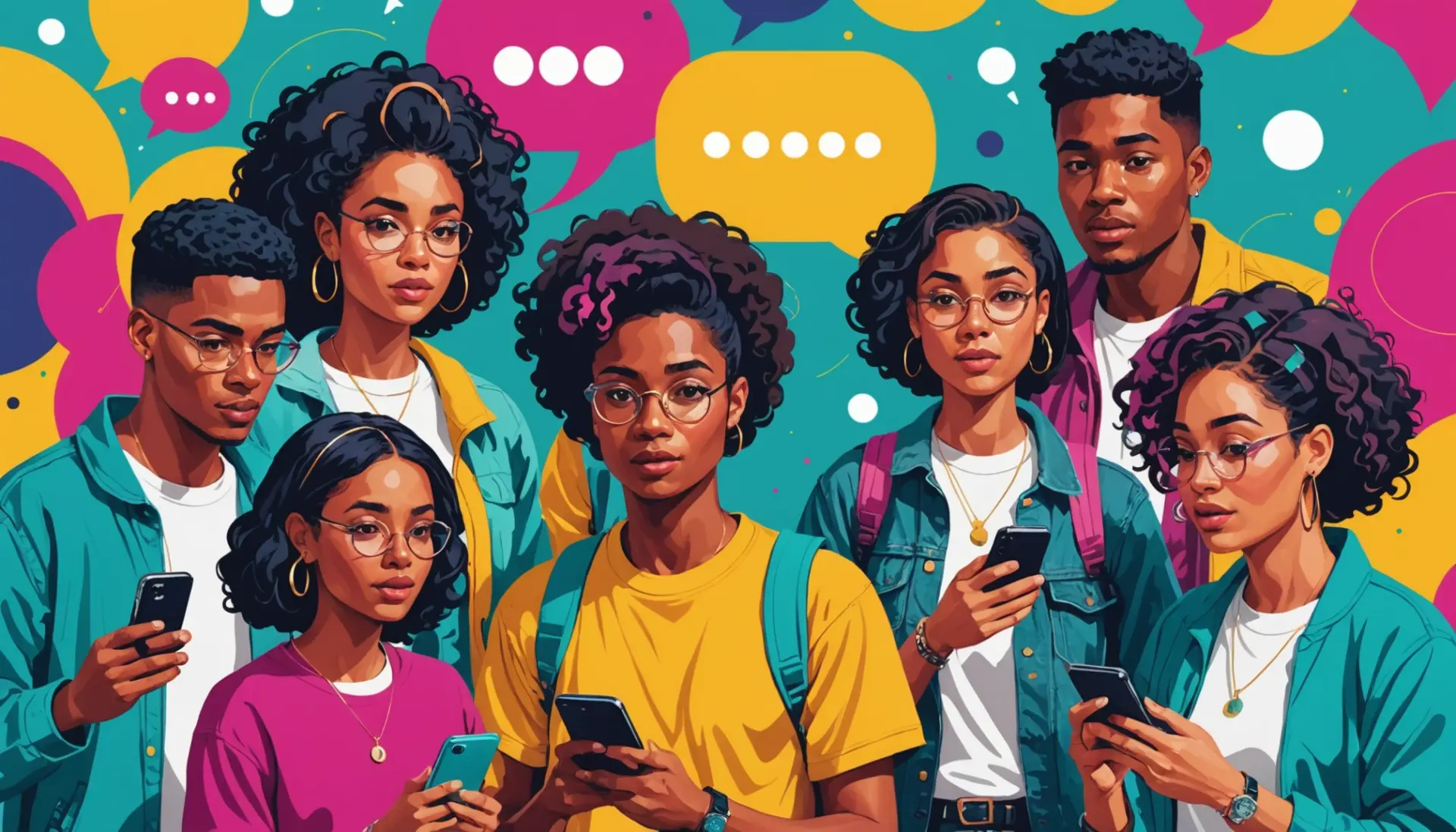 Editorial illustration showing people texting and debating the phrase 'lem urban dictionary' in speech bubbles