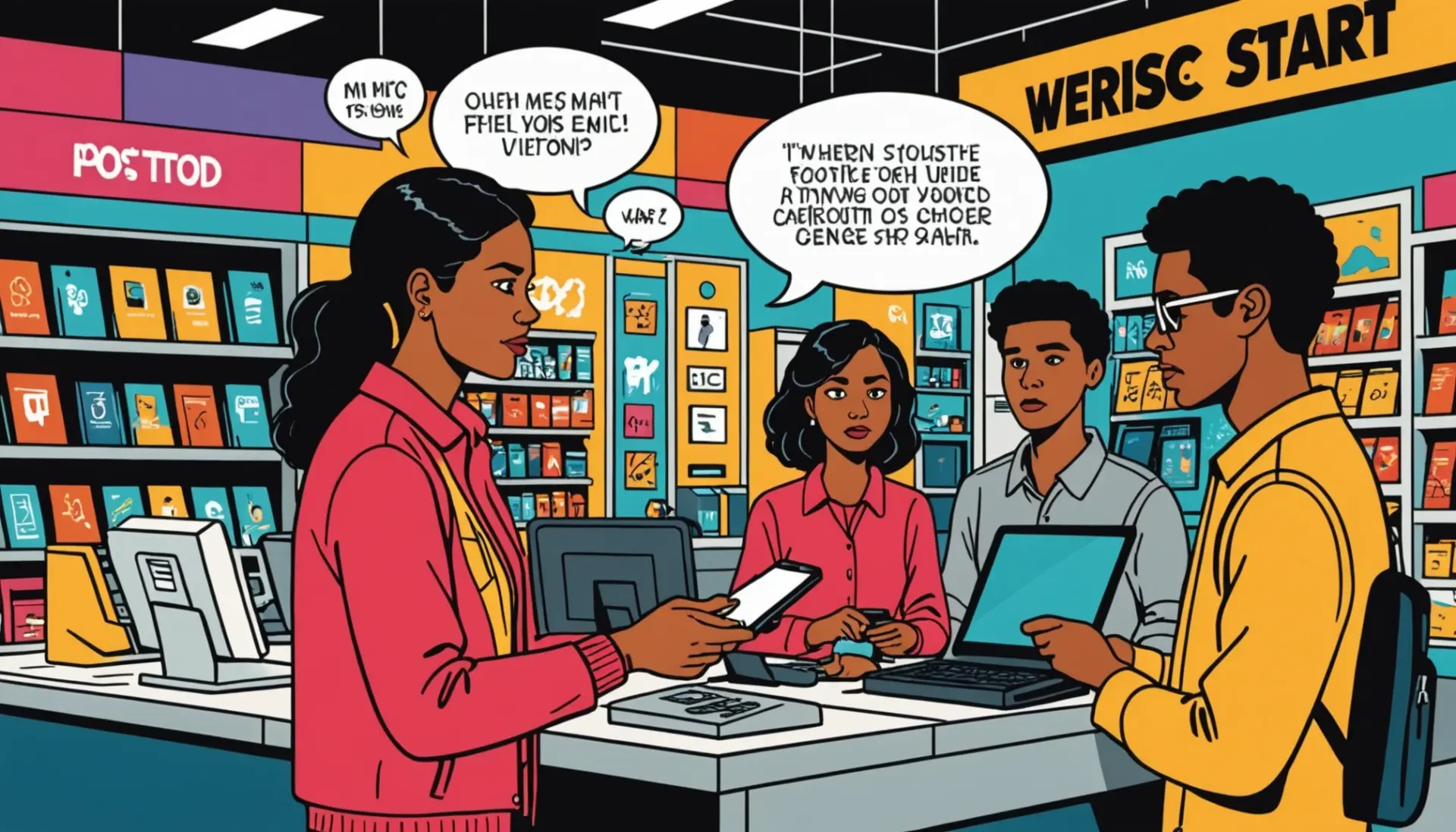 Editorial illustration of people texting and a cash register, highlighting 'pos meaning urban dictionary'