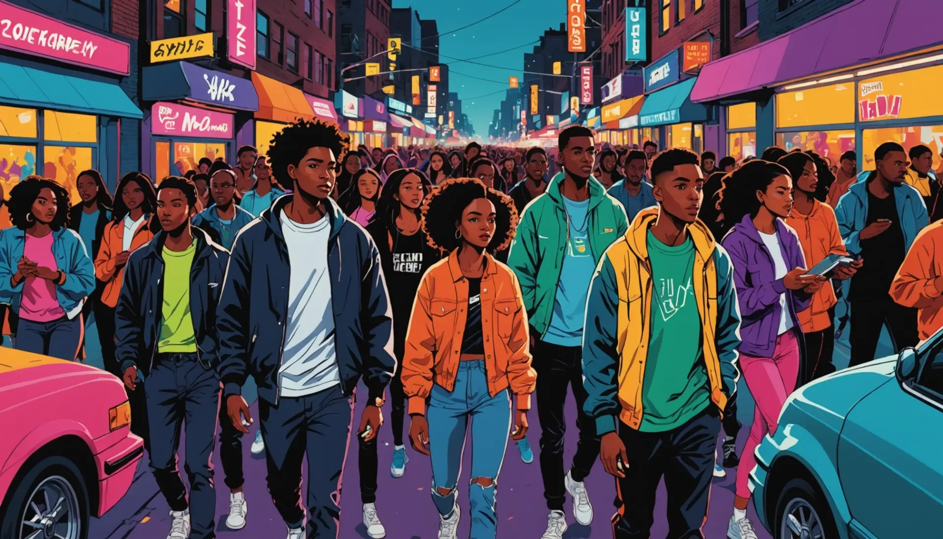 Editorial illustration showing people pulling up to a party, captioned scene representing pull up meaning slang