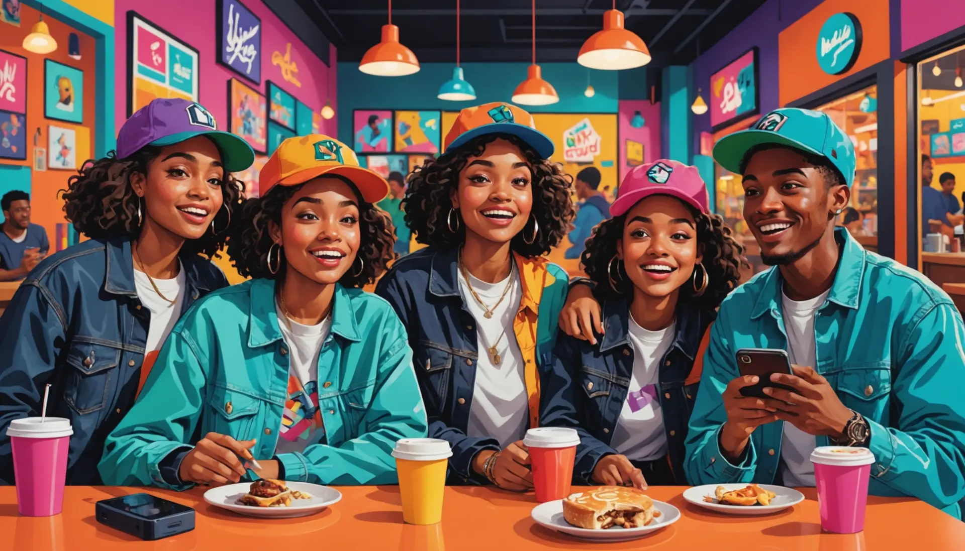 Illustration showing young people reacting with wide eyes, a scene labeled as goggle slang usage