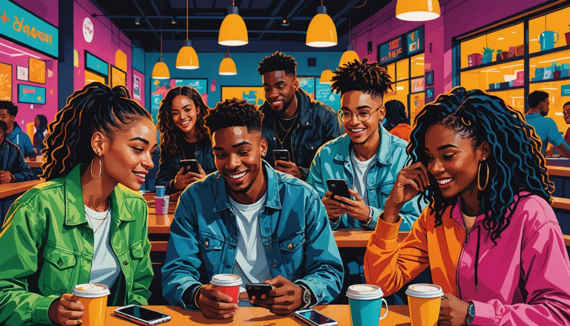 Editorial illustration showing teens using phones with the phrase what does low cortisol mean slang implied in vibes