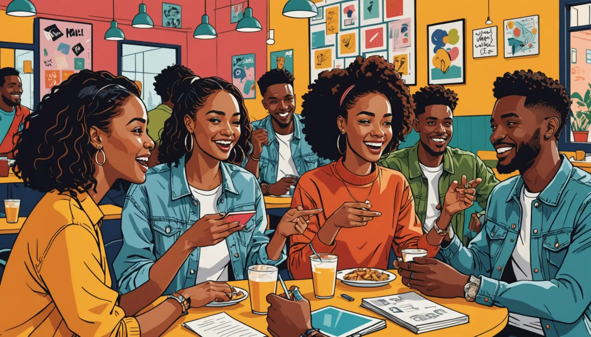 Editorial illustration representing reach around urban dictionary phrase with playful street-culture figures