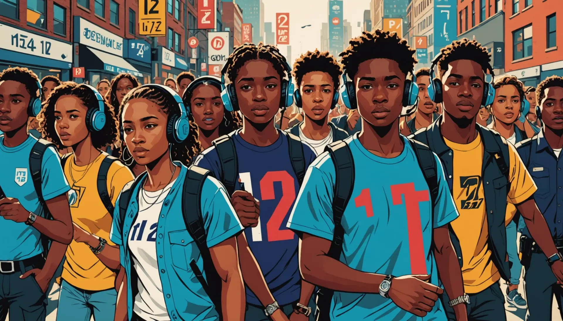 Editorial illustration showing people reacting to the phrase urban dictionary 12 in a city scene