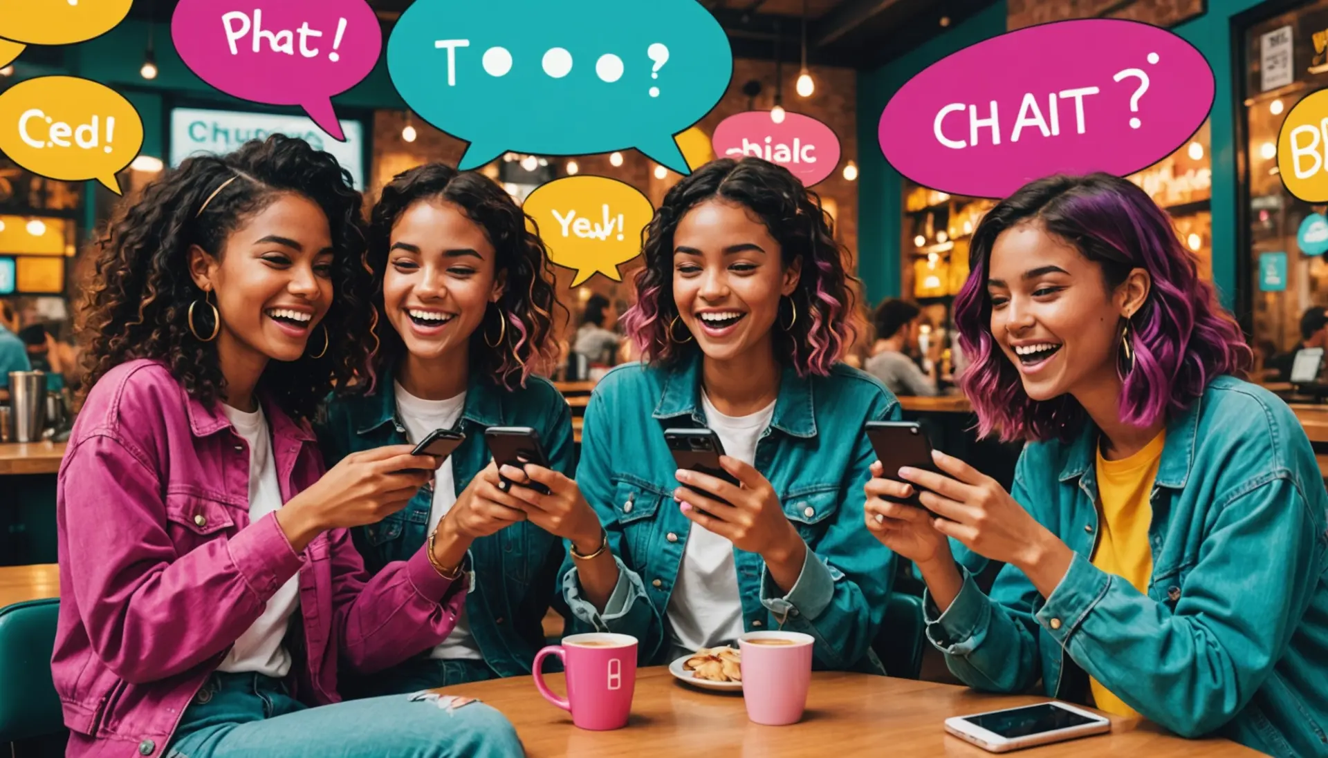 Editorial illustration showing young people reacting to text bubbles that include the phrase awfl urban dictionary