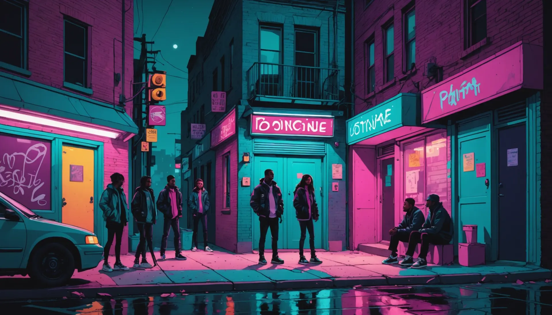 Editorial illustration of urban scene with people and police presence, caption idea for what does 12 mean urban dictionary