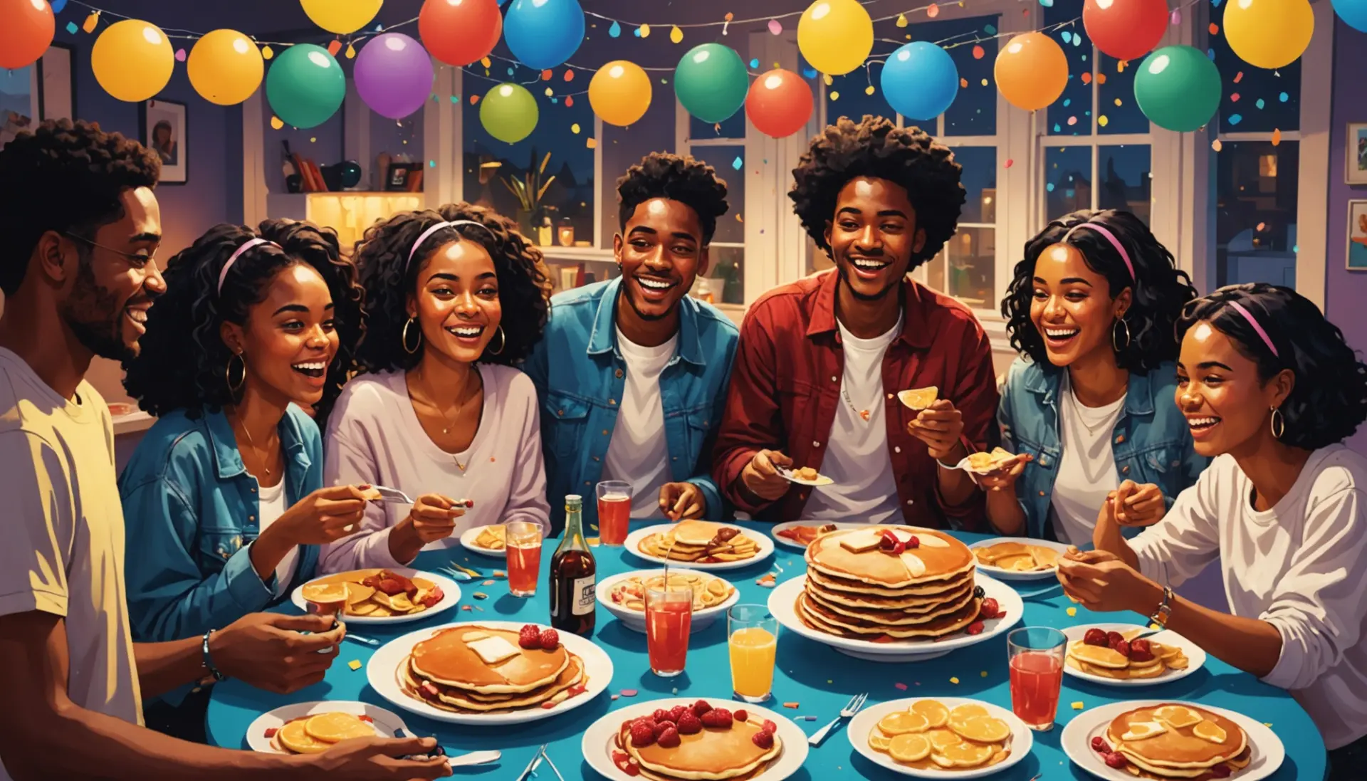 Editorial illustration showing a colorful house party with pancakes and signs referencing pancake party urban dictionary