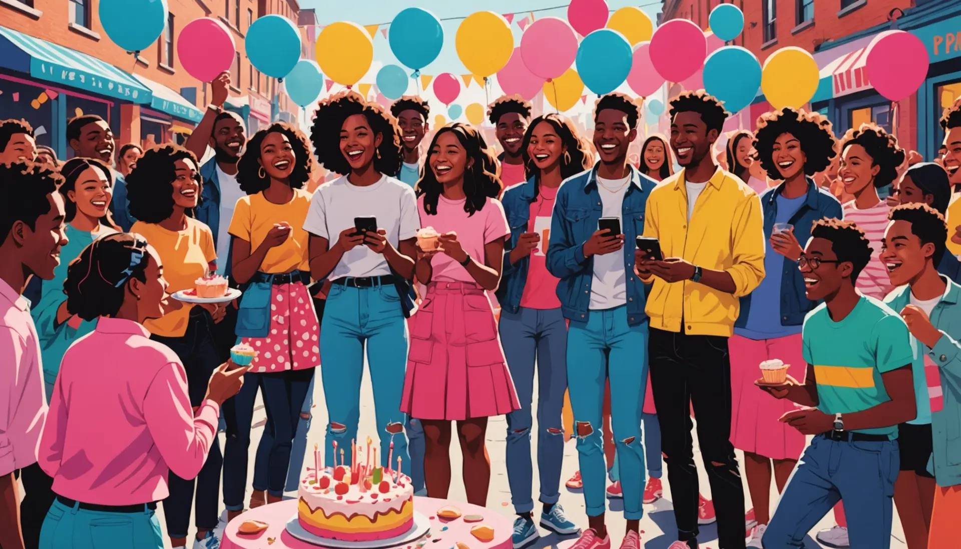 Illustration of people celebrating with one person standing out, captioned vibe like urban dictionary you the birthday