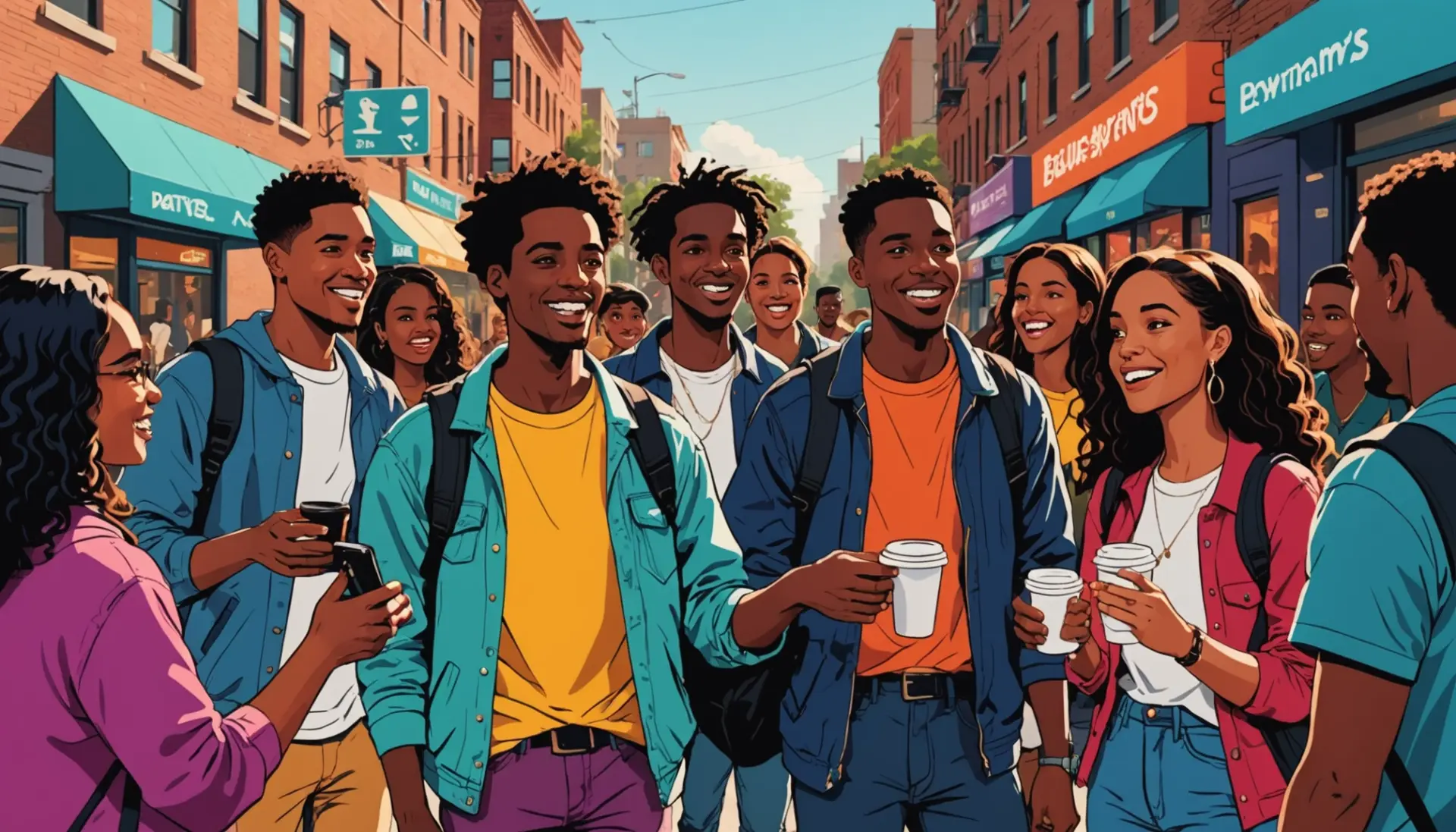 Editorial illustration showing young people using the phrase yoke meaning slang in a lively street scene