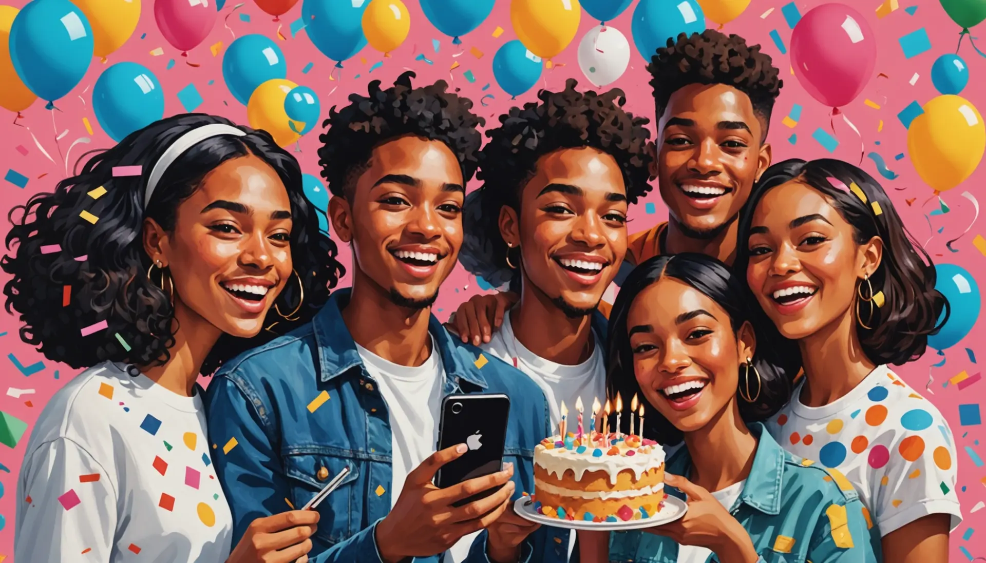 Editorial illustration showing people commenting 'what does you the birthday mean slang' around a birthday cake