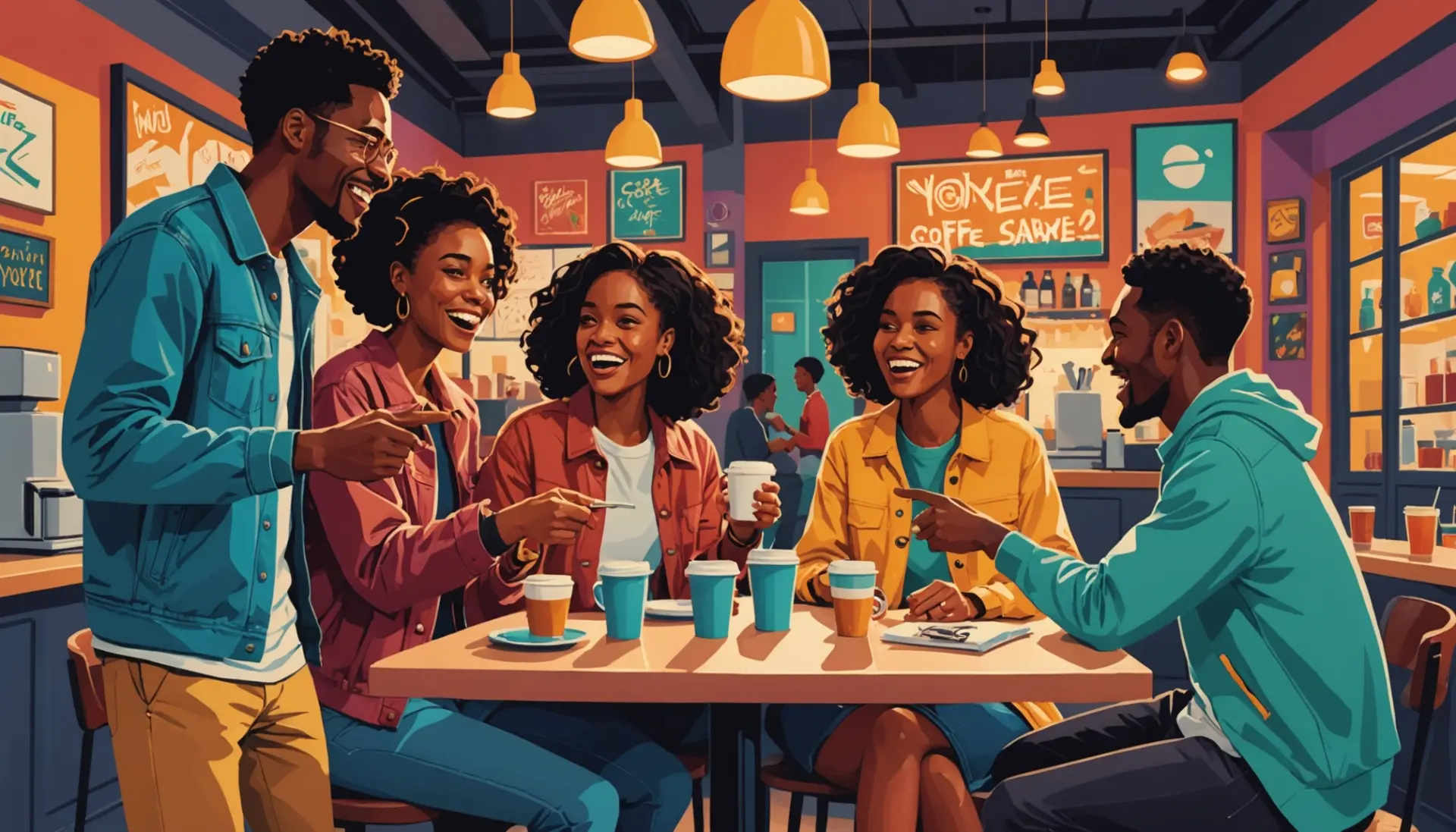 Editorial illustration showing people using the phrase yoke slang meaning while pointing at various gadgets