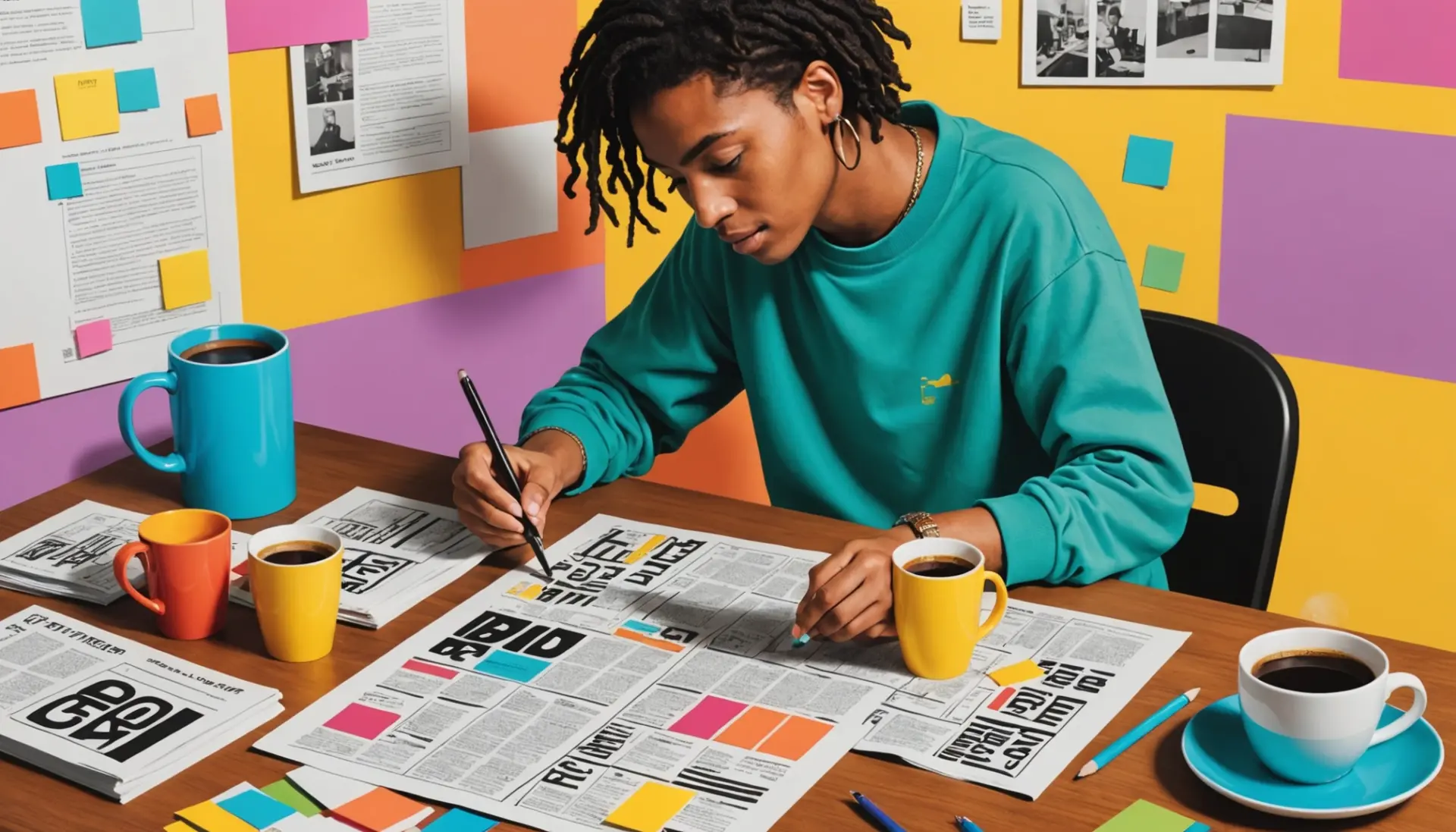 Editorial illustration showing a person solving a crossword with the phrase throw in slang crossword on a sticky note nearby