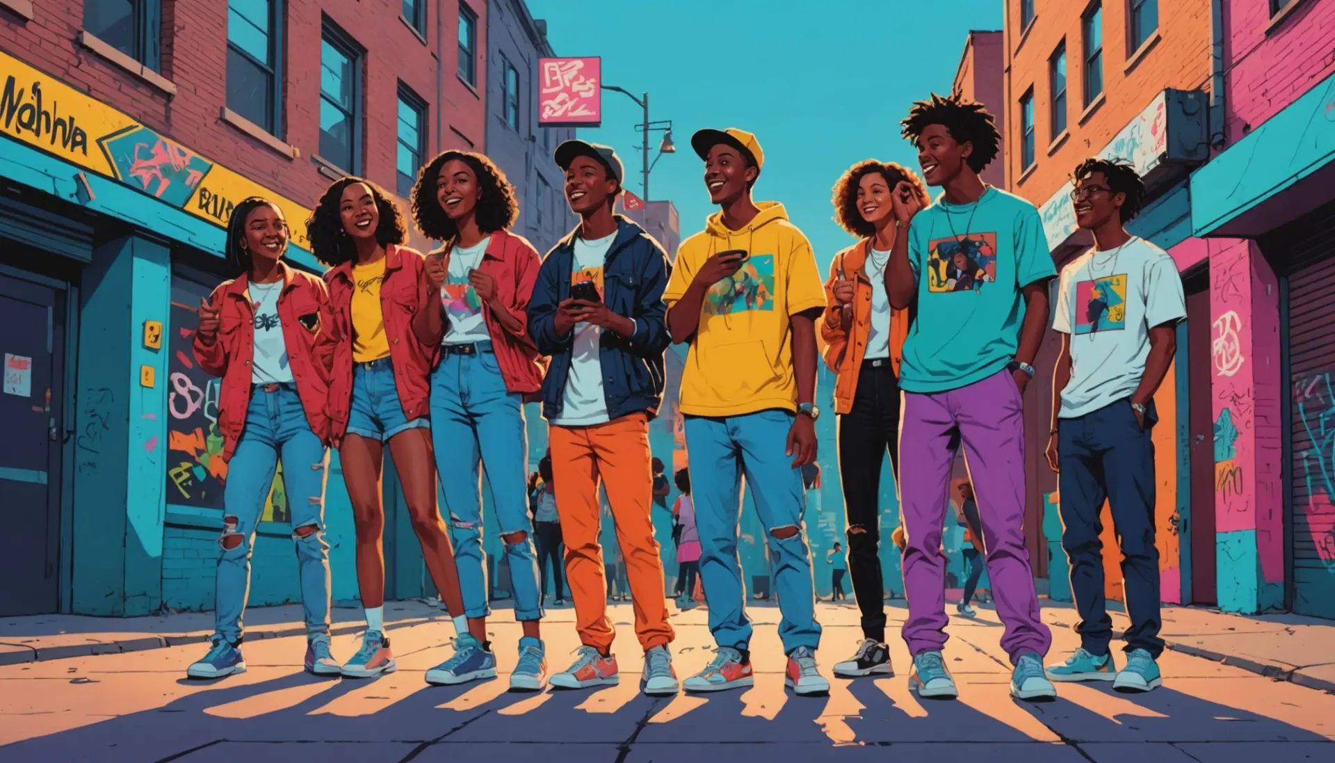 Editorial illustration showing young people using the phrase yoke in slang
