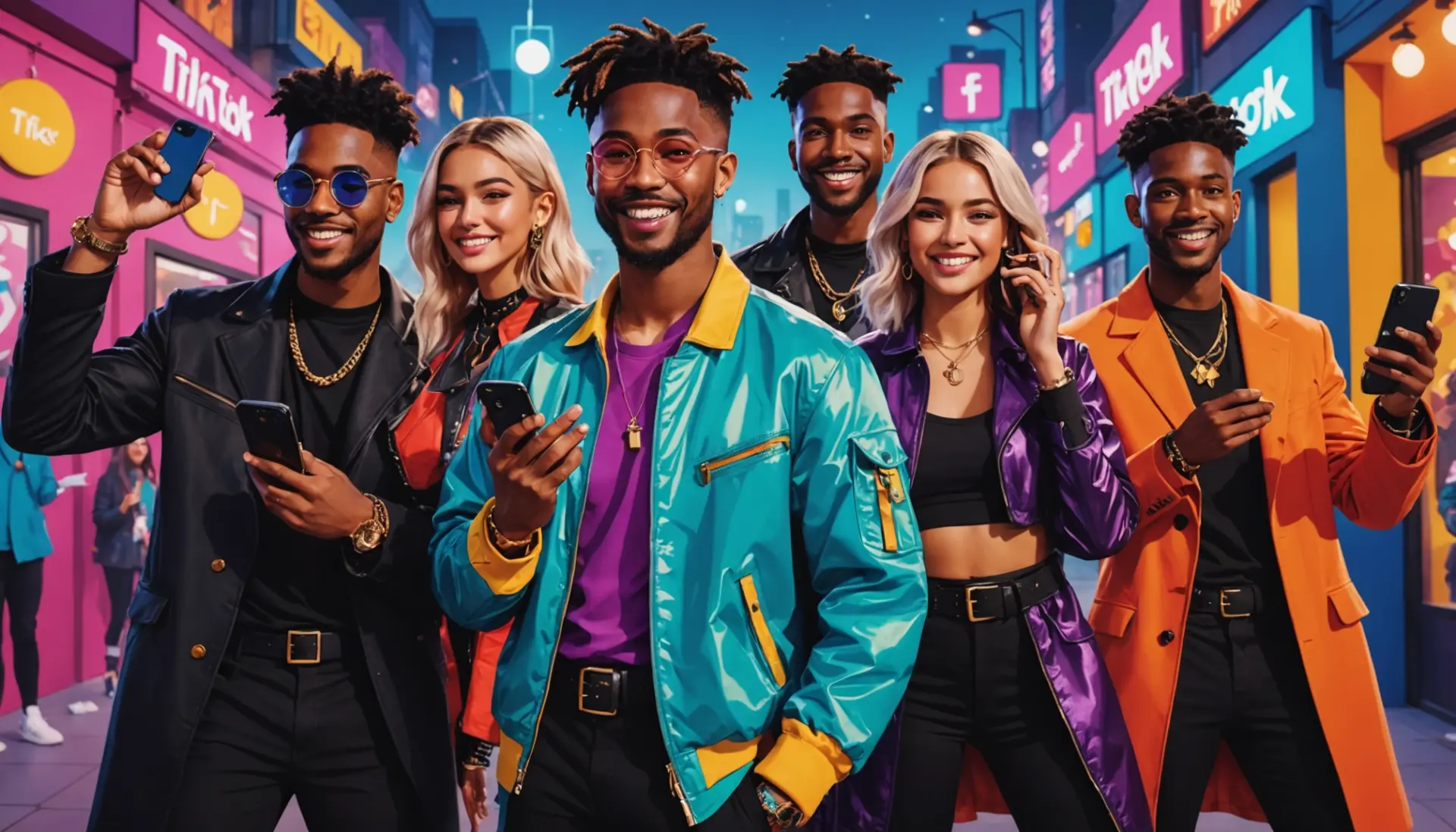 Editorial illustration showing 'what does larp mean in slang tiktok' scene with creators roleplaying