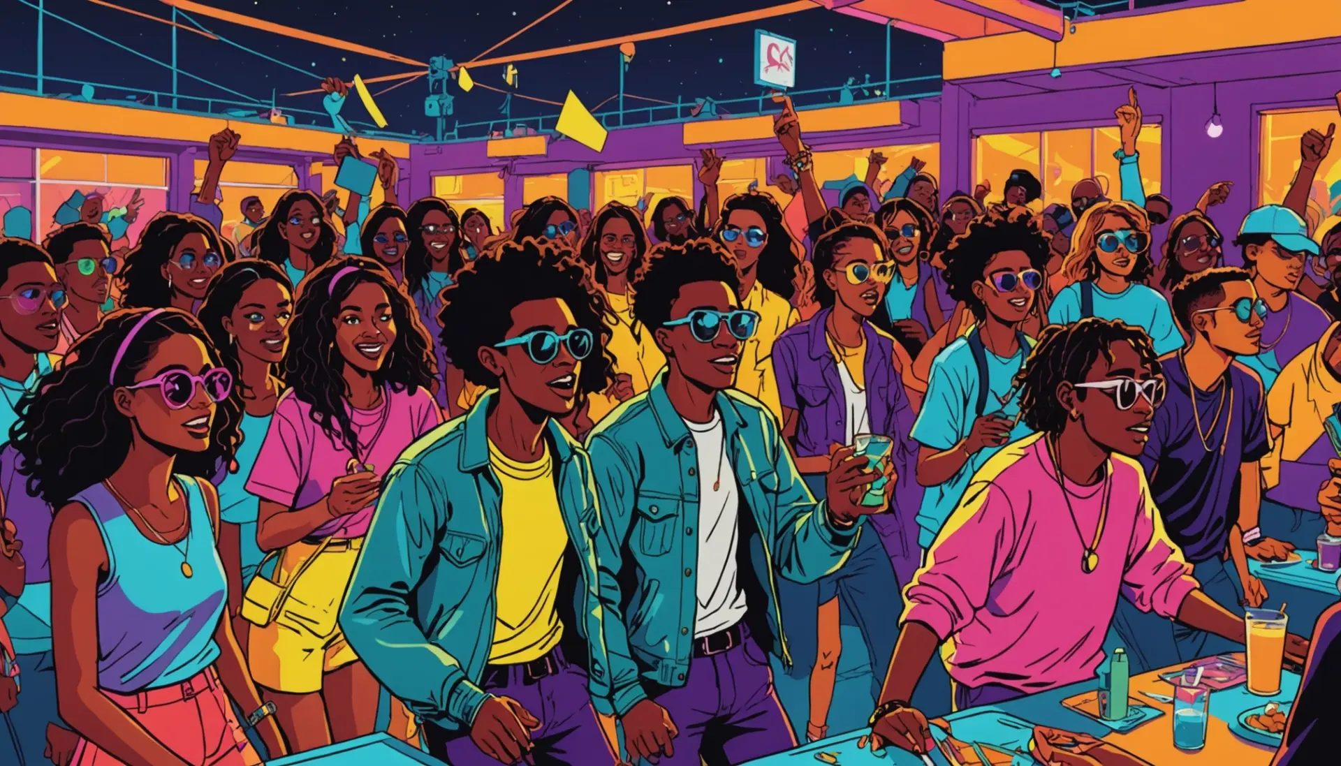 Editorial illustration showing vibrant scene representing gonzo slang energy