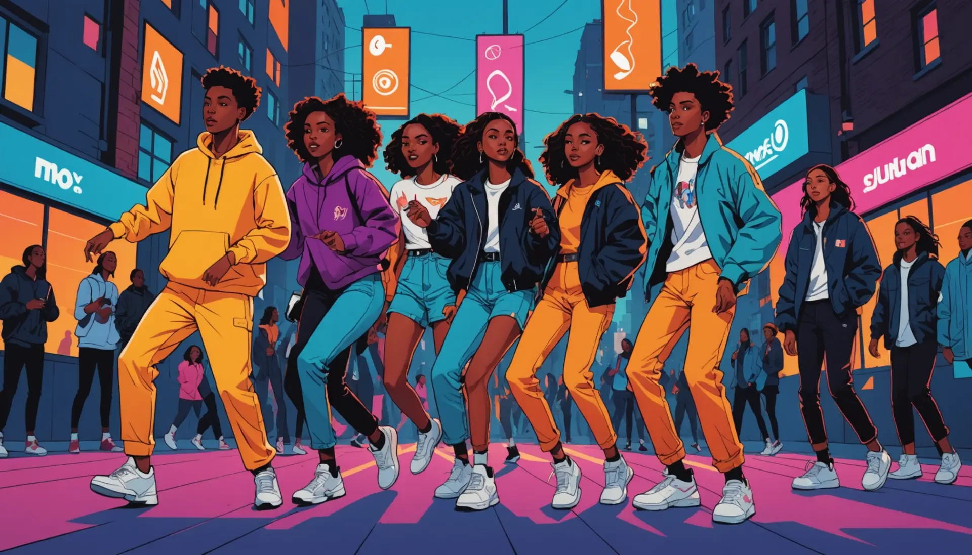 Editorial illustration showing youth using sonic slang meaning in a vibrant street scene