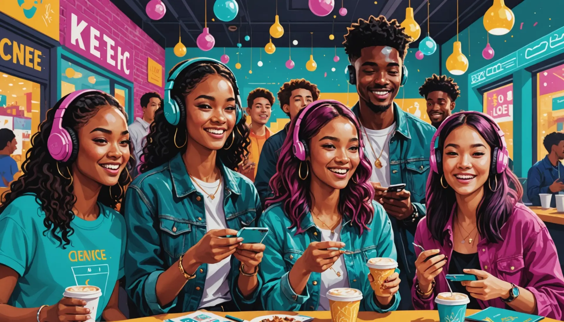 Editorial illustration of diverse young people embodying genie slang vibes, captioned as vibe imagery for genie slang