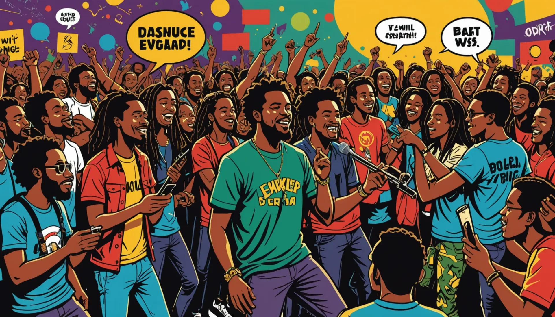 Editorial illustration of people skanking at a concert and a separate online chat bubble showing the phrase skank urban dictionary