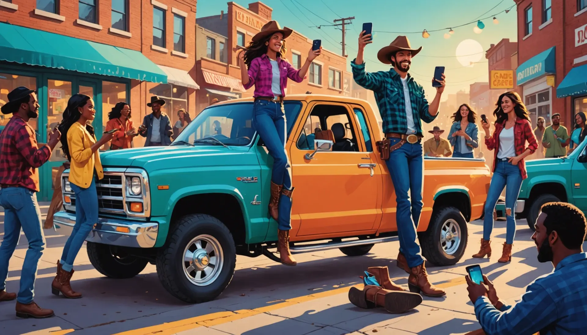 Illustration showing boots, pickup truck, and party crowd with 'yee yee urban dictionary' vibe