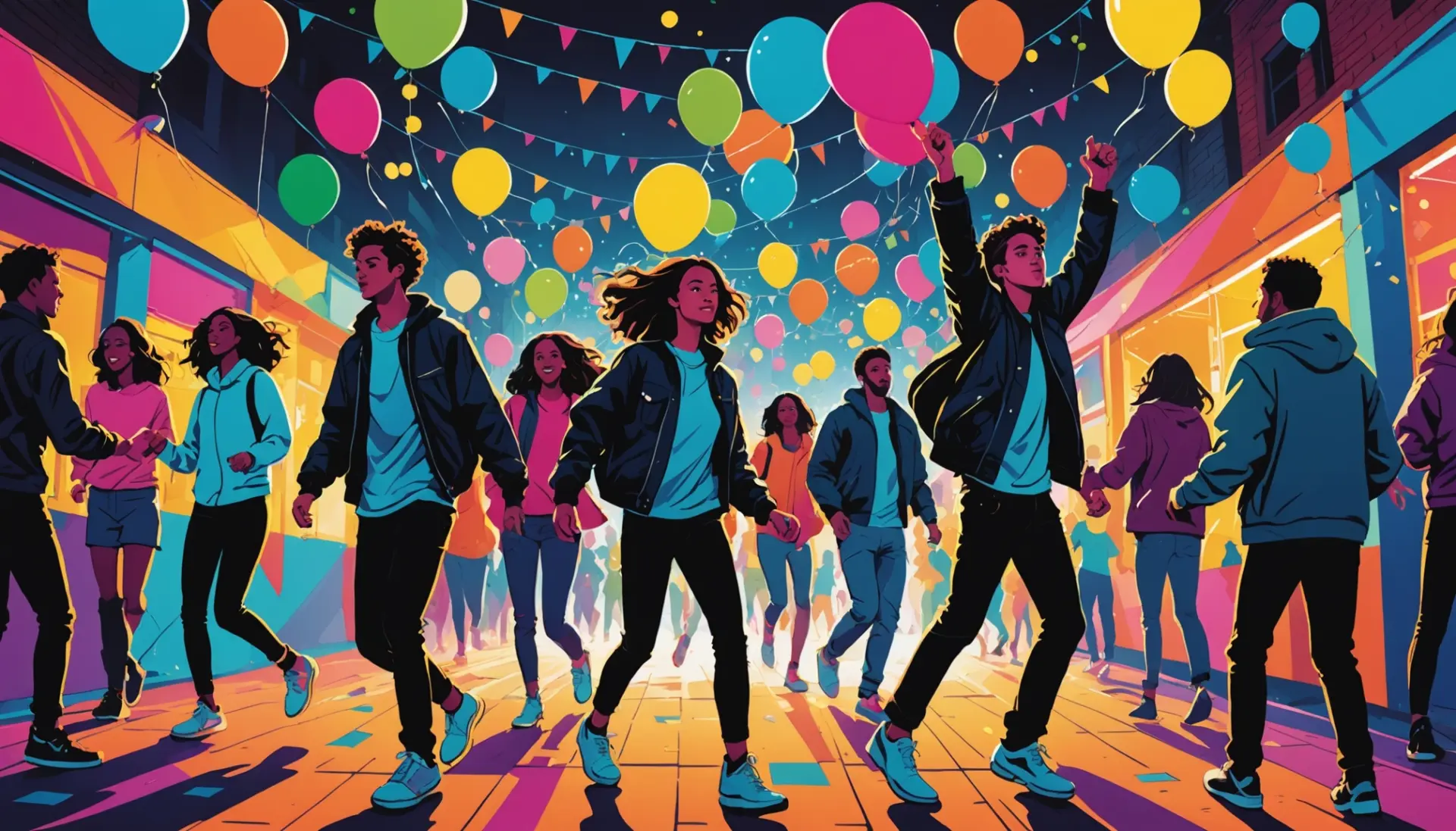 Illustration showing a festival scene with people passing balloons labeled with the whippet slang vibe
