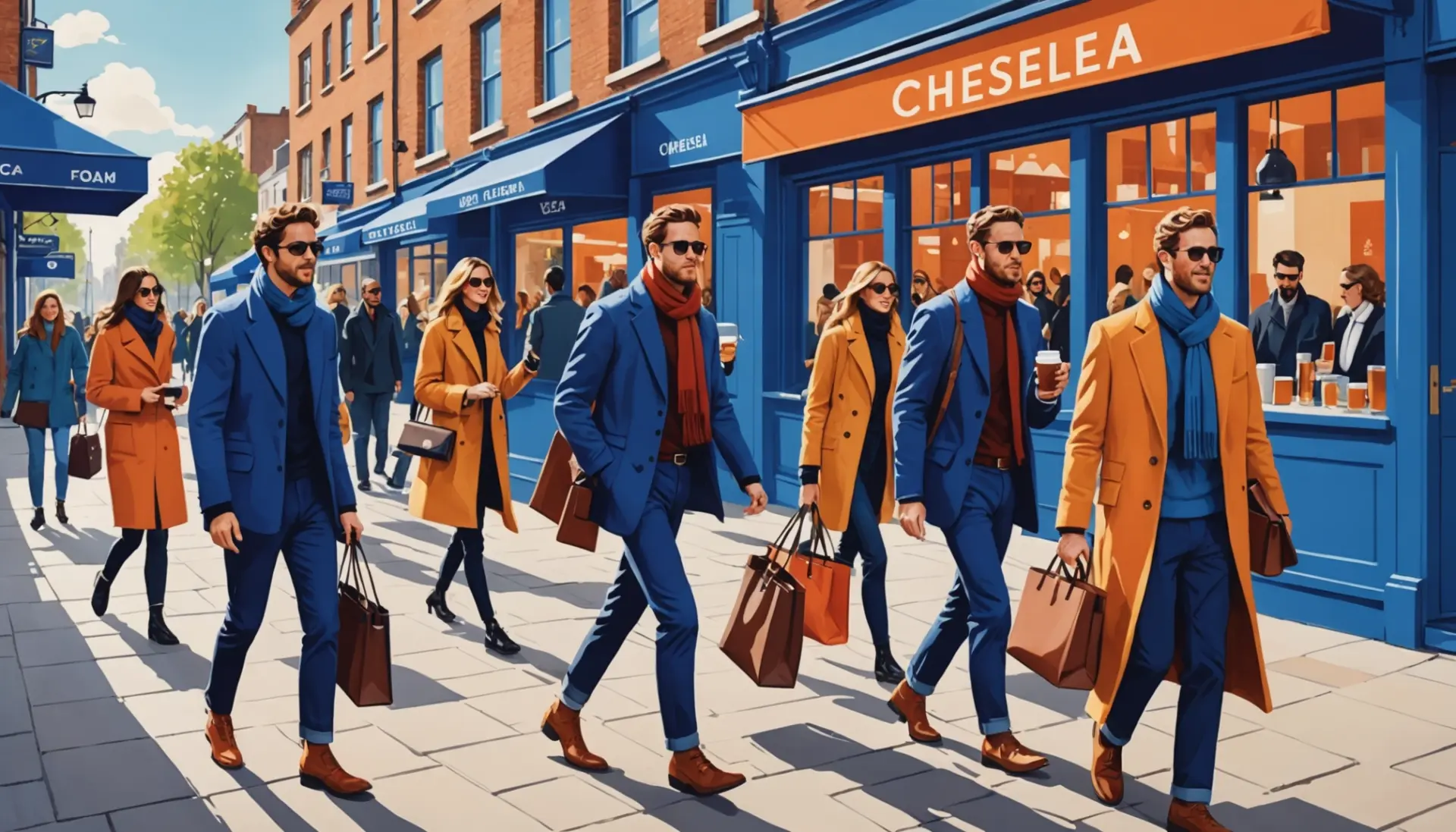chelsea slang street scenes illustration with boots, galleries, and football fans