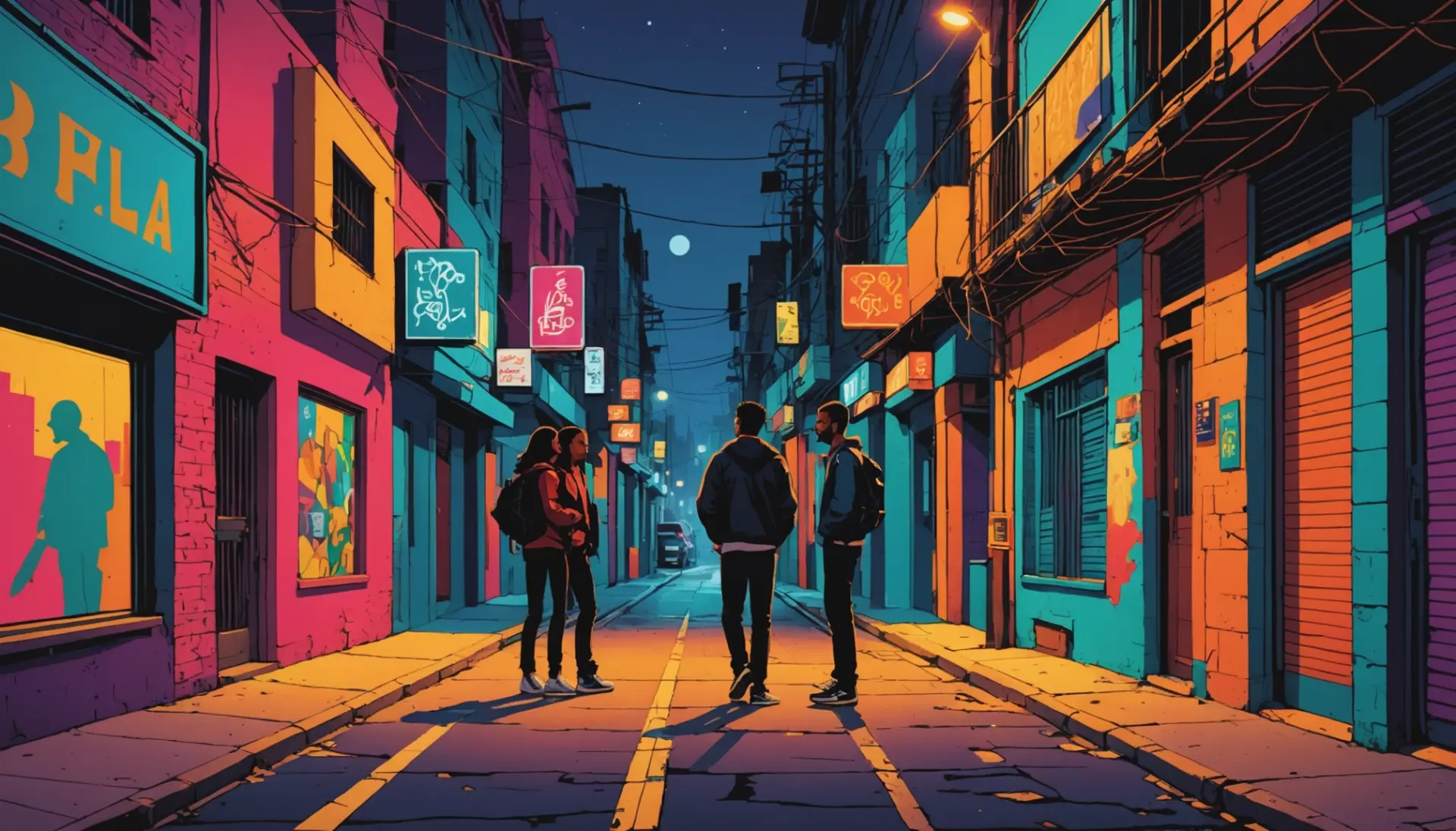 Editorial illustration showing urban scene with people talking, theme highlighting mayate slang