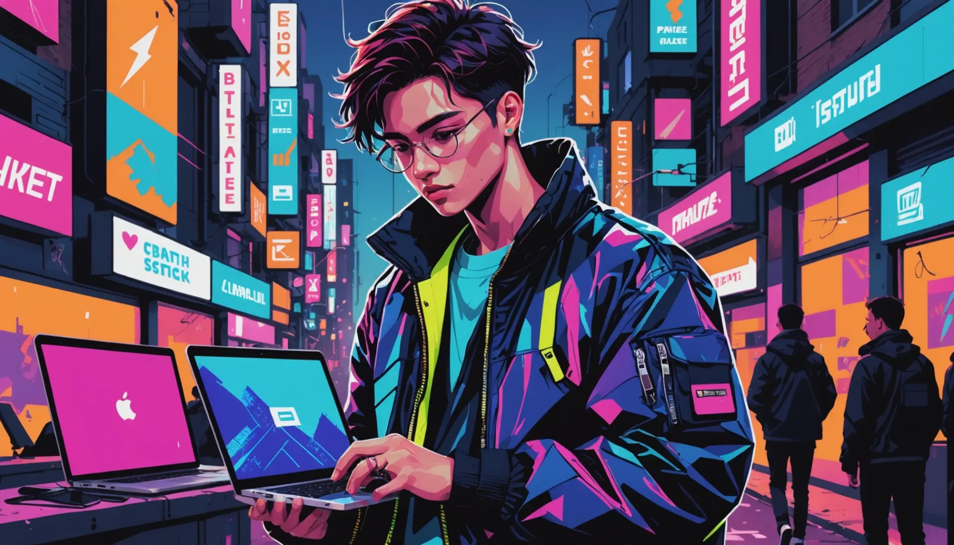 Editorial illustration showing a janky thrifted jacket and a glitchy laptop, representing what does janky mean slang
