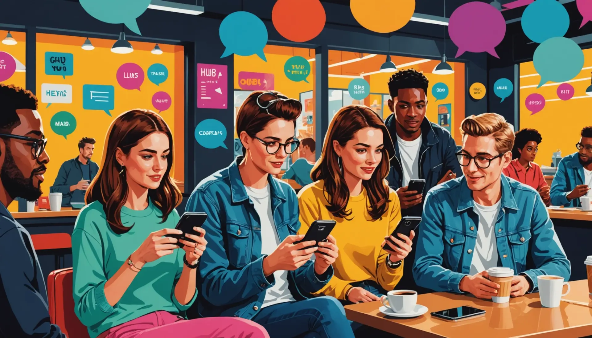 Editorial illustration showing people texting about what does hub mean in text with colorful speech bubbles