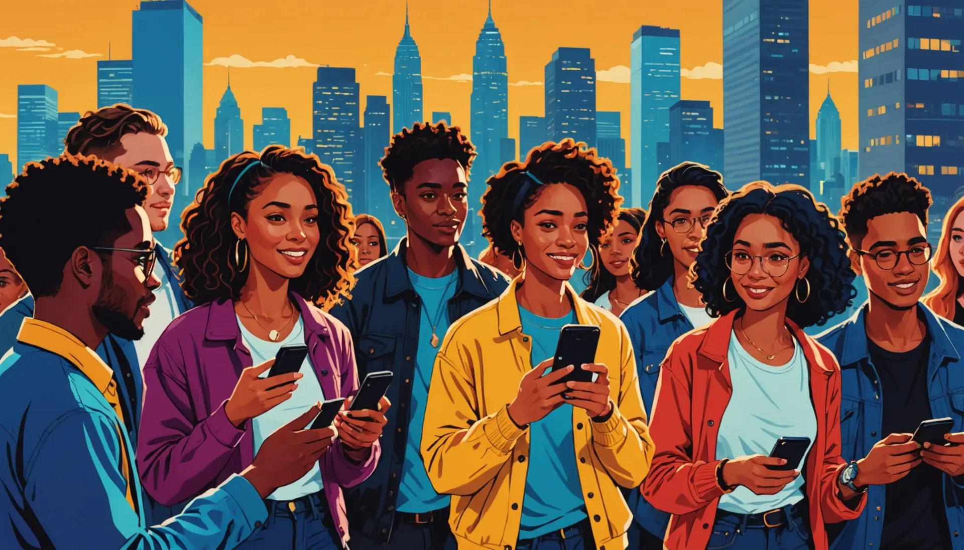 Editorial illustration representing what does fomo mean slang with people looking at phones in a vibrant crowd