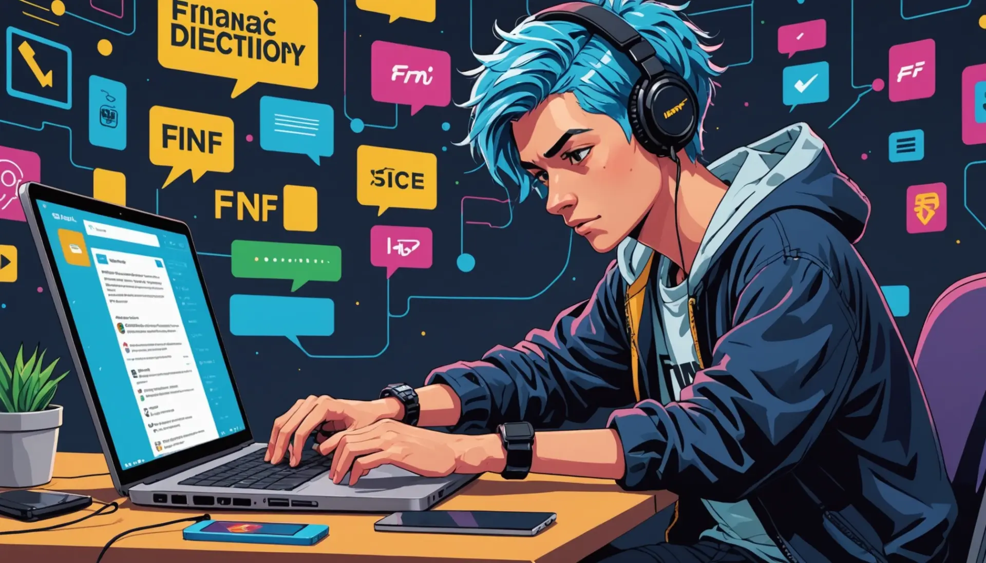 Editorial illustration showing online searches for fnf urban dictionary with vibrant characters and game imagery