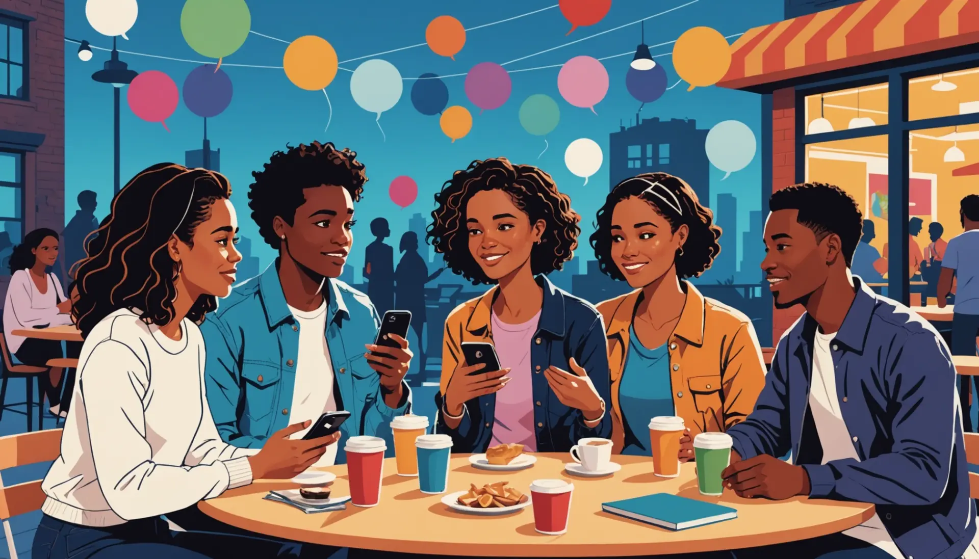 Editorial illustration showing people texting 'cbm meaning slang' with playful urban background