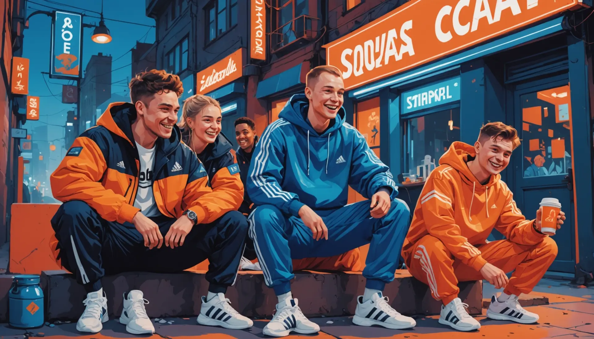 Editorial illustration showing vibrant street scene representing russian meaning slang