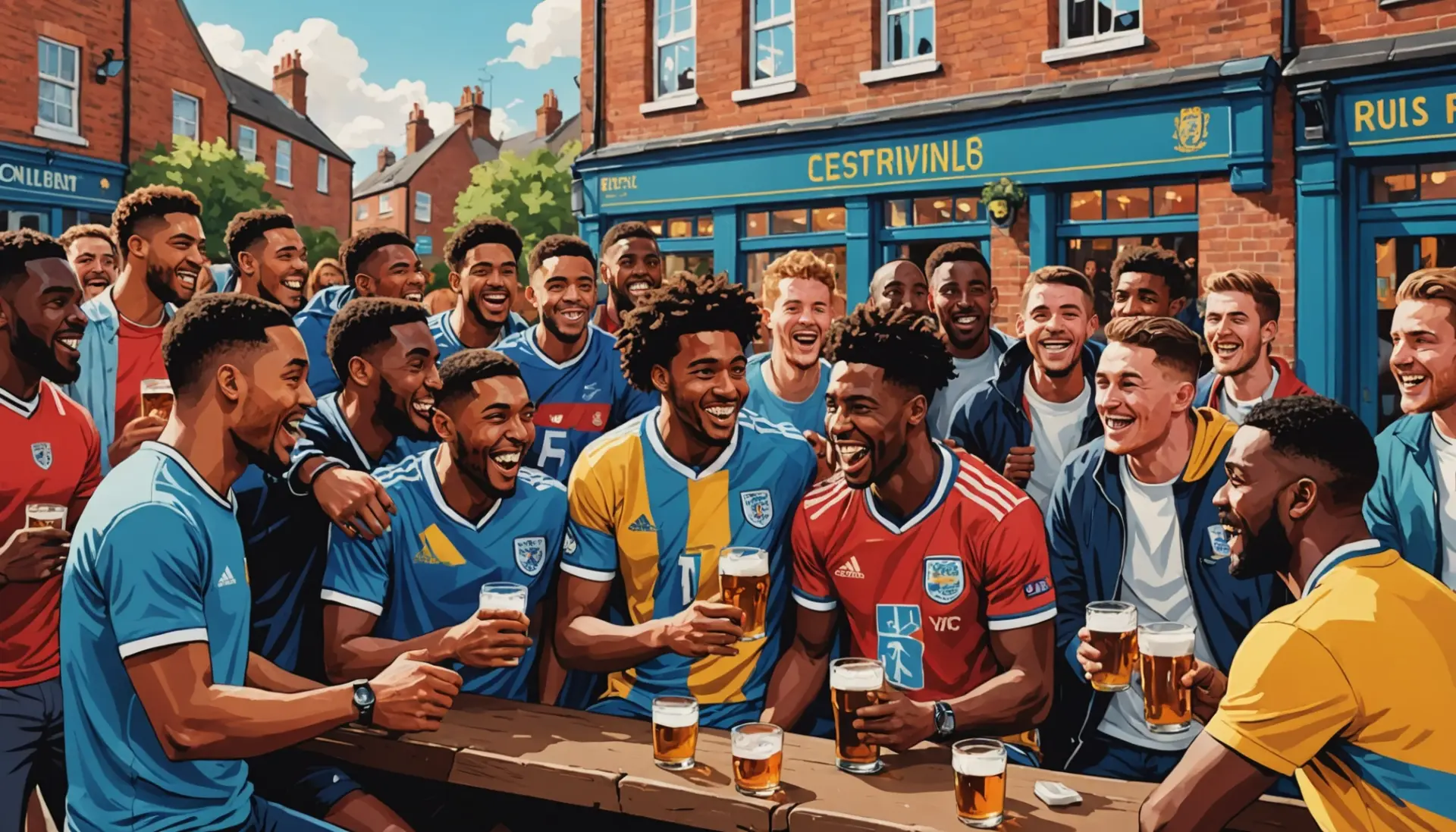 Illustration showing young UK football fans discussing that word our uk players know as a nasty slang term