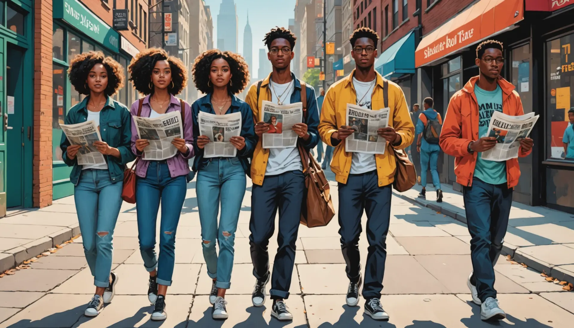 Editorial illustration showing urban characters holding different kinds of newspapers, representing slang for newspaper