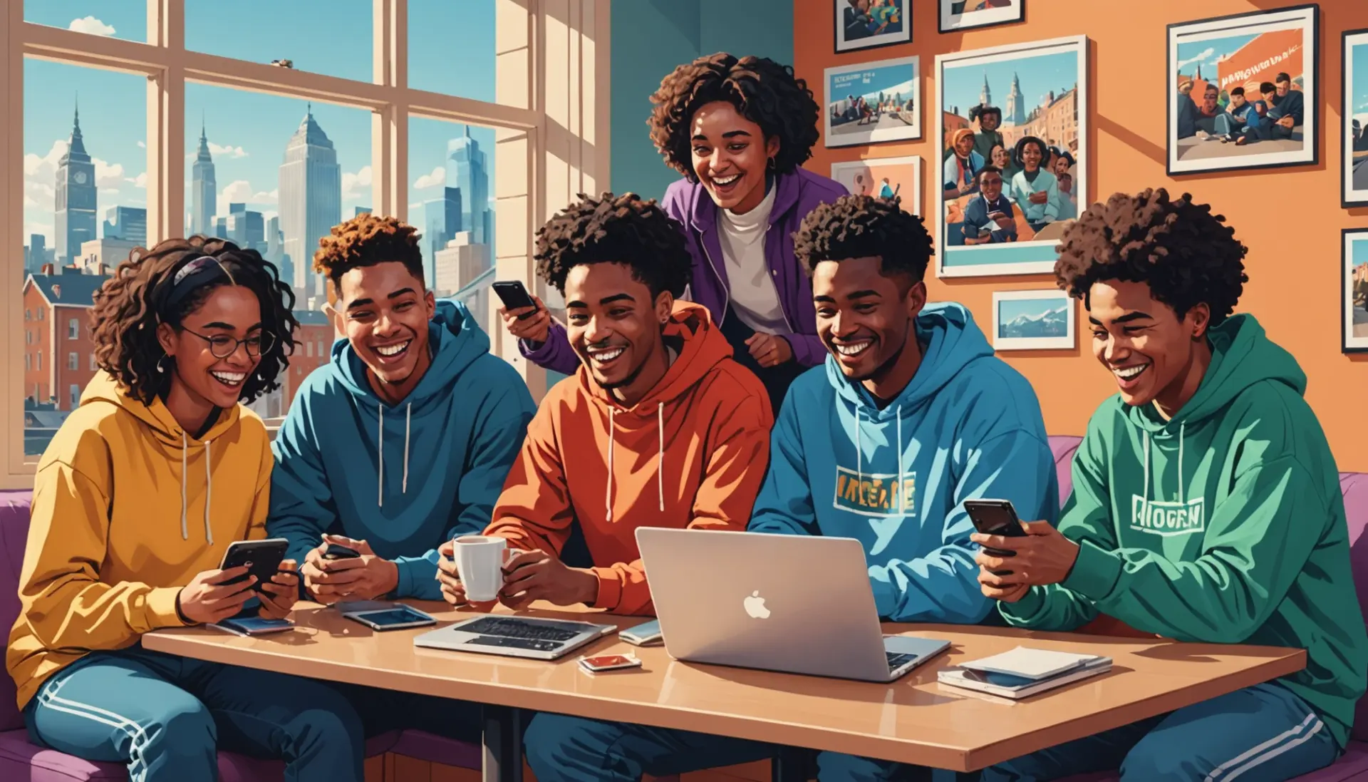 Editorial illustration showing youth discussing 'russian definition slang' online, neon colors, meme culture aesthetic