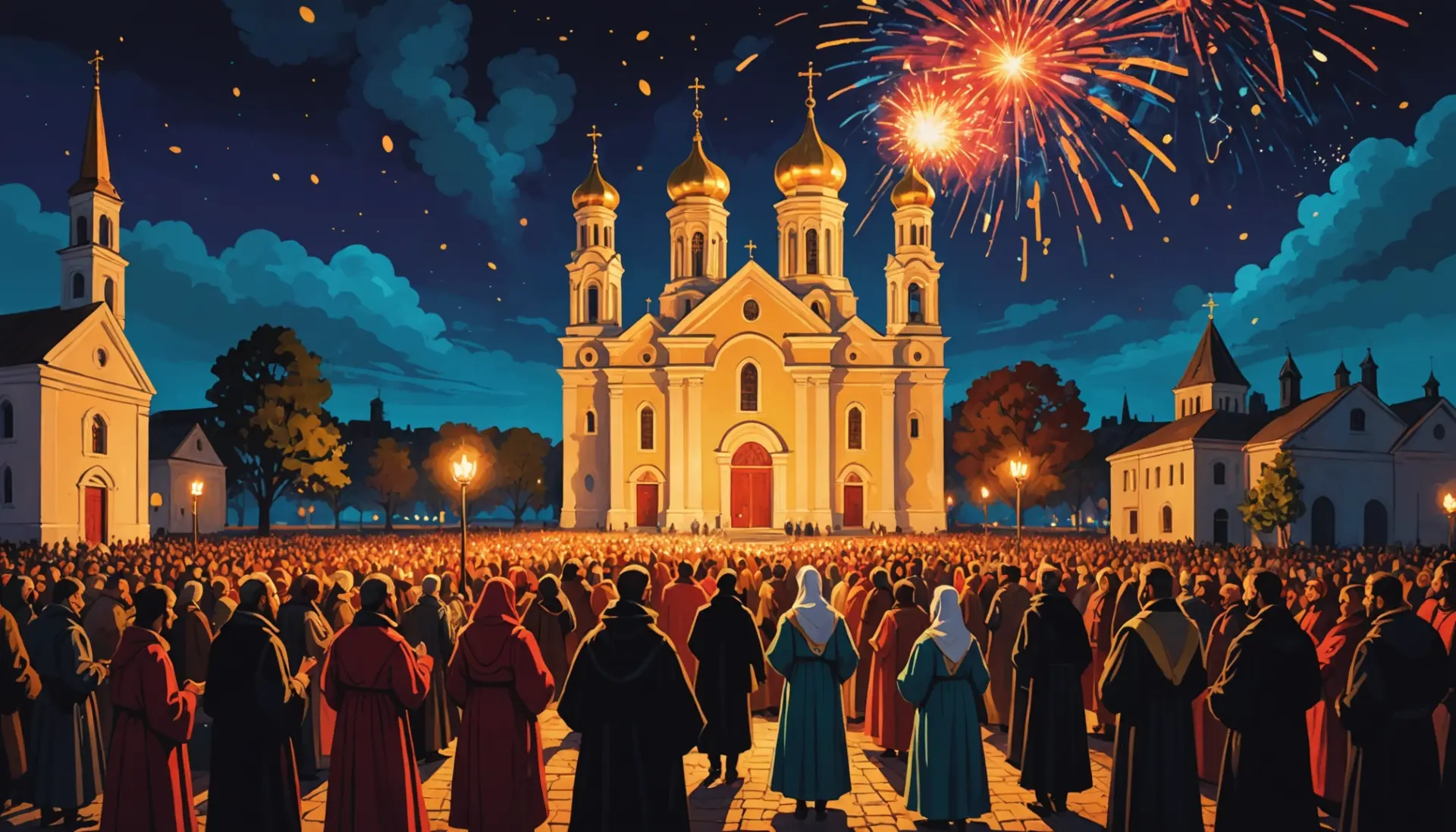 Illustration showing people celebrating with candles and red eggs, related to what does orthodox easter mean