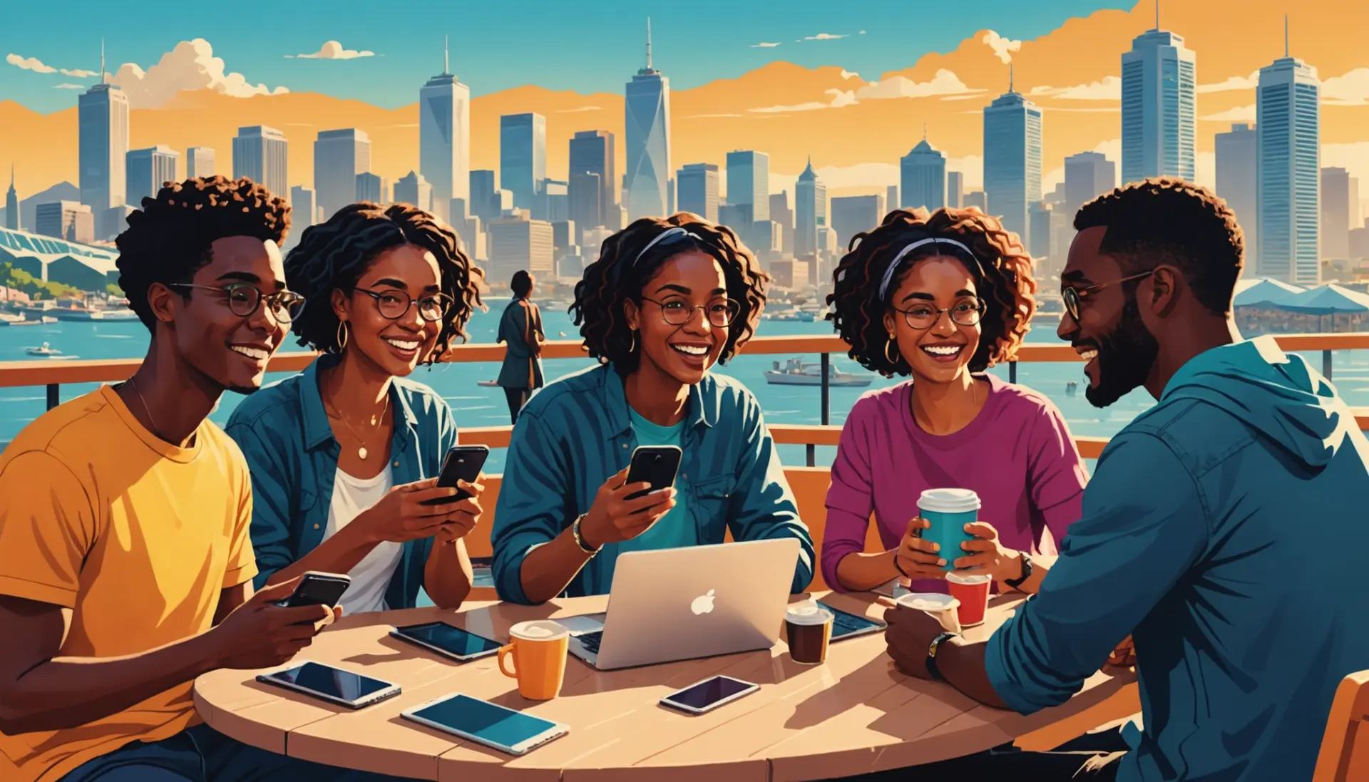 Editorial illustration showing young people typing 'cpt meaning urban dictionary' on phones, lively cityscape hinting at Cape Town, with the phrase cpt meaning urban dictionary visible