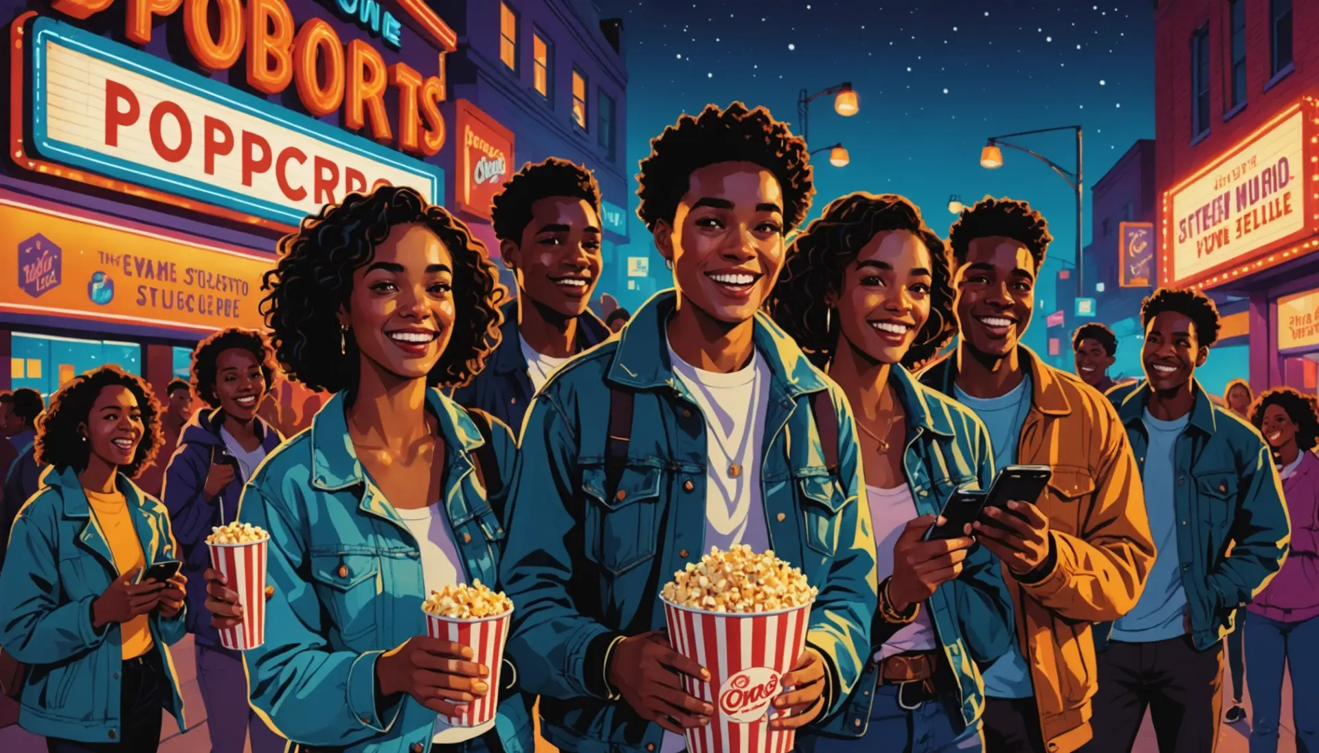 Editorial illustration of friends outside a neon cinema, caption concept showing 'flicks meaning slang' vibe