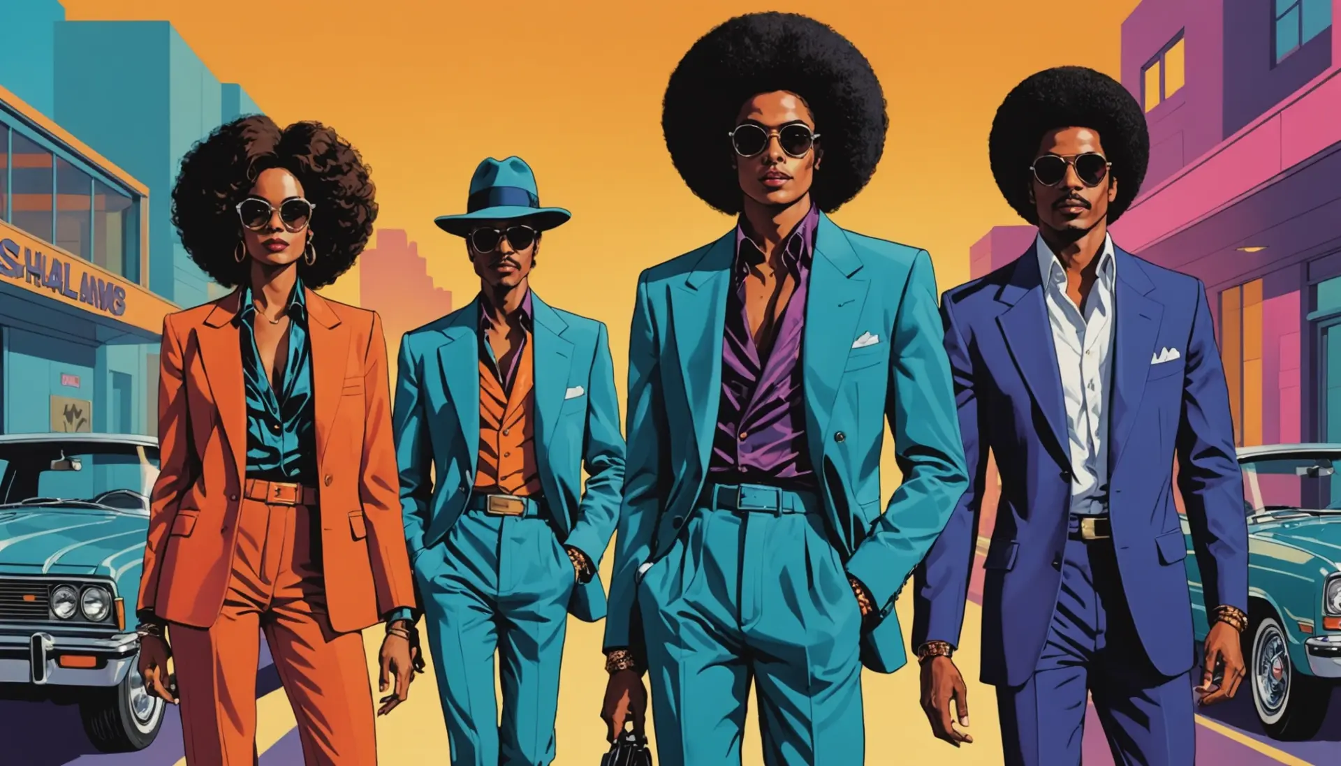 Editorial illustration depicting 'what is a shalamar slang' vibe: retro-cool figure dressed glamorously