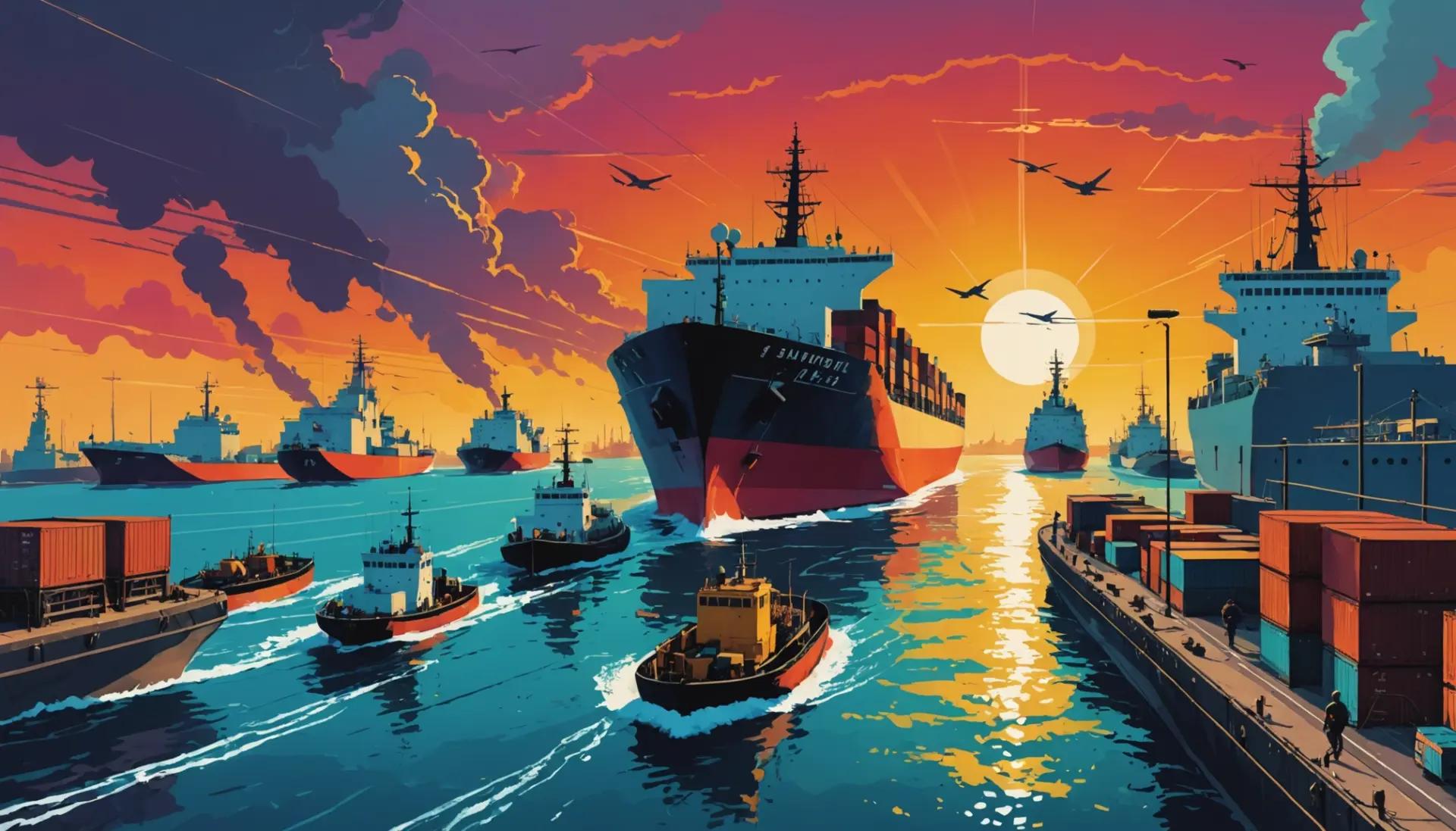 Editorial illustration showing ships and a map near the Strait of Hormuz with the phrase what does blockade strait of hormuz mean implied