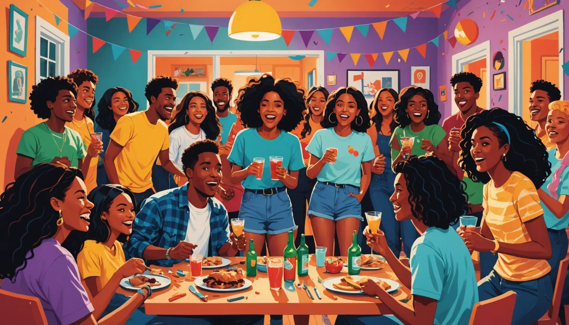 Editorial illustration of a comic party scene referencing the term motorboat urban dictionary with people reacting, no text
