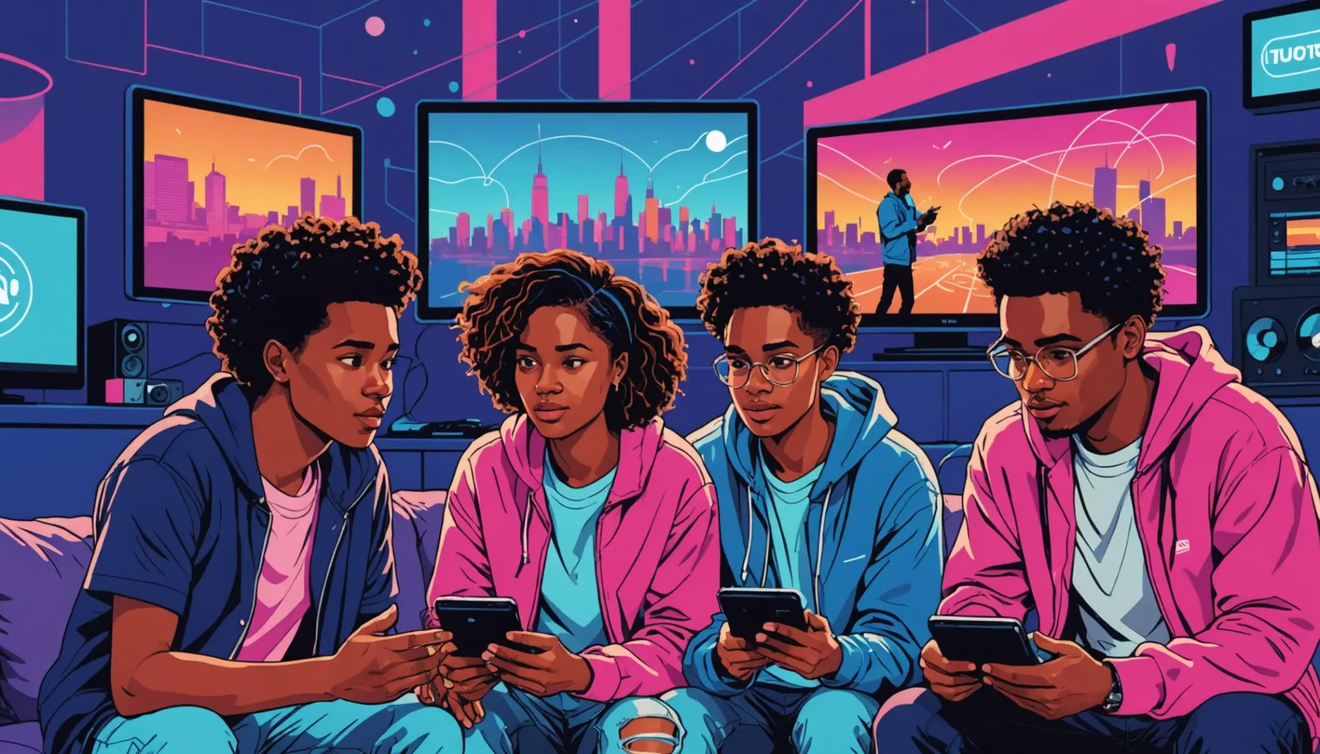 Editorial illustration representing chopped unc meaning slang with energetic characters and urban motifs