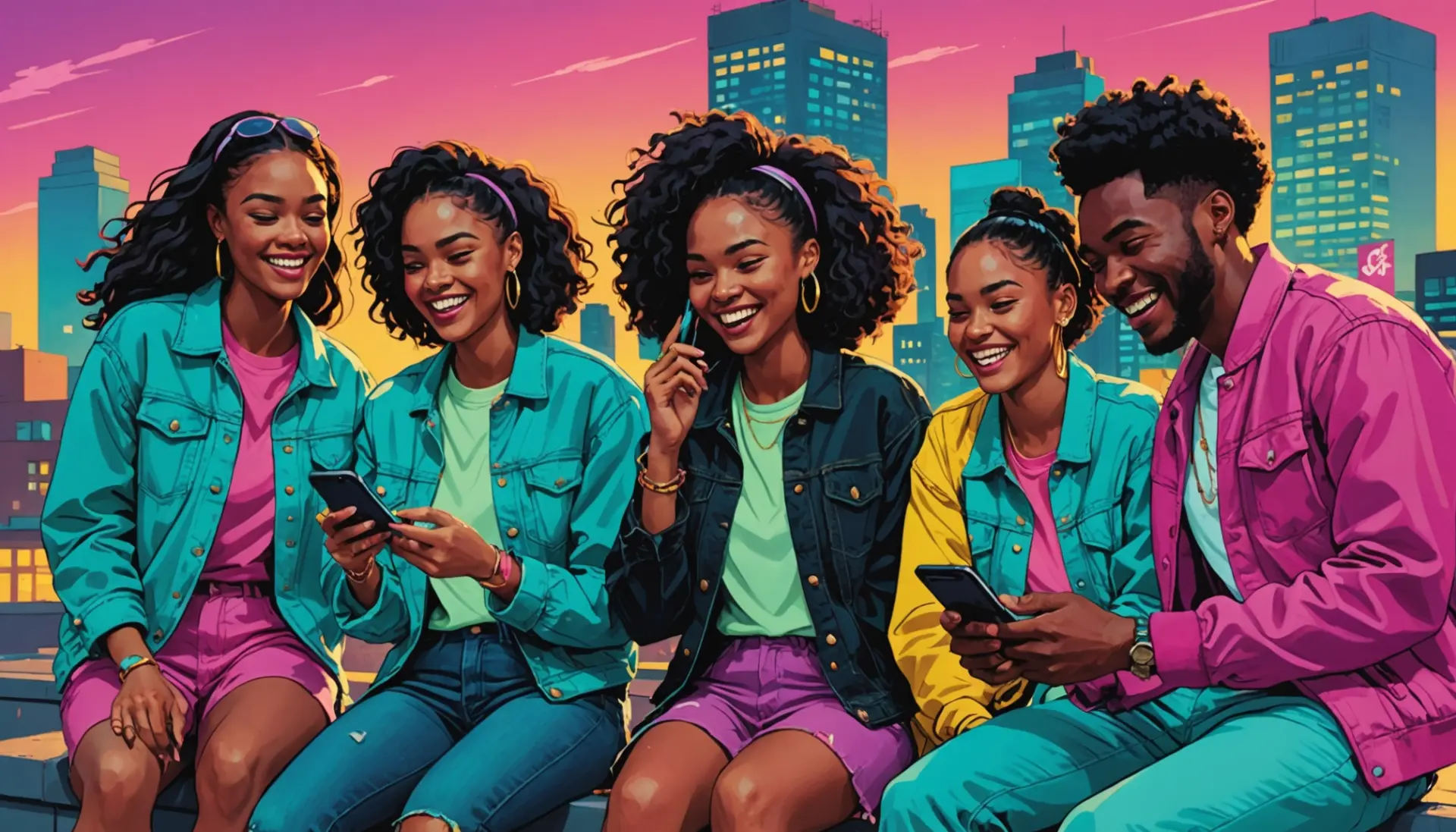 Editorial illustration of young people using phones with neon text bubbles, showing the phrase boaf meaning slang