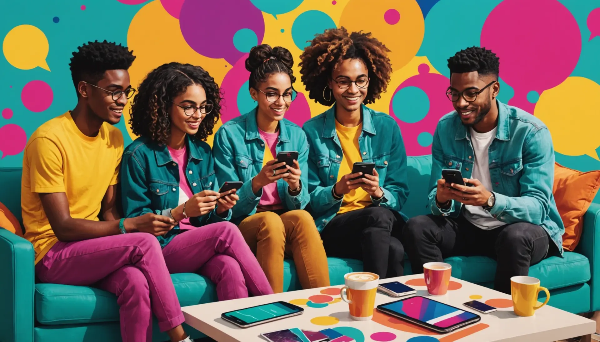 Editorial illustration showing people texting the phrase 'what does bbws mean in text' with colorful chat bubbles