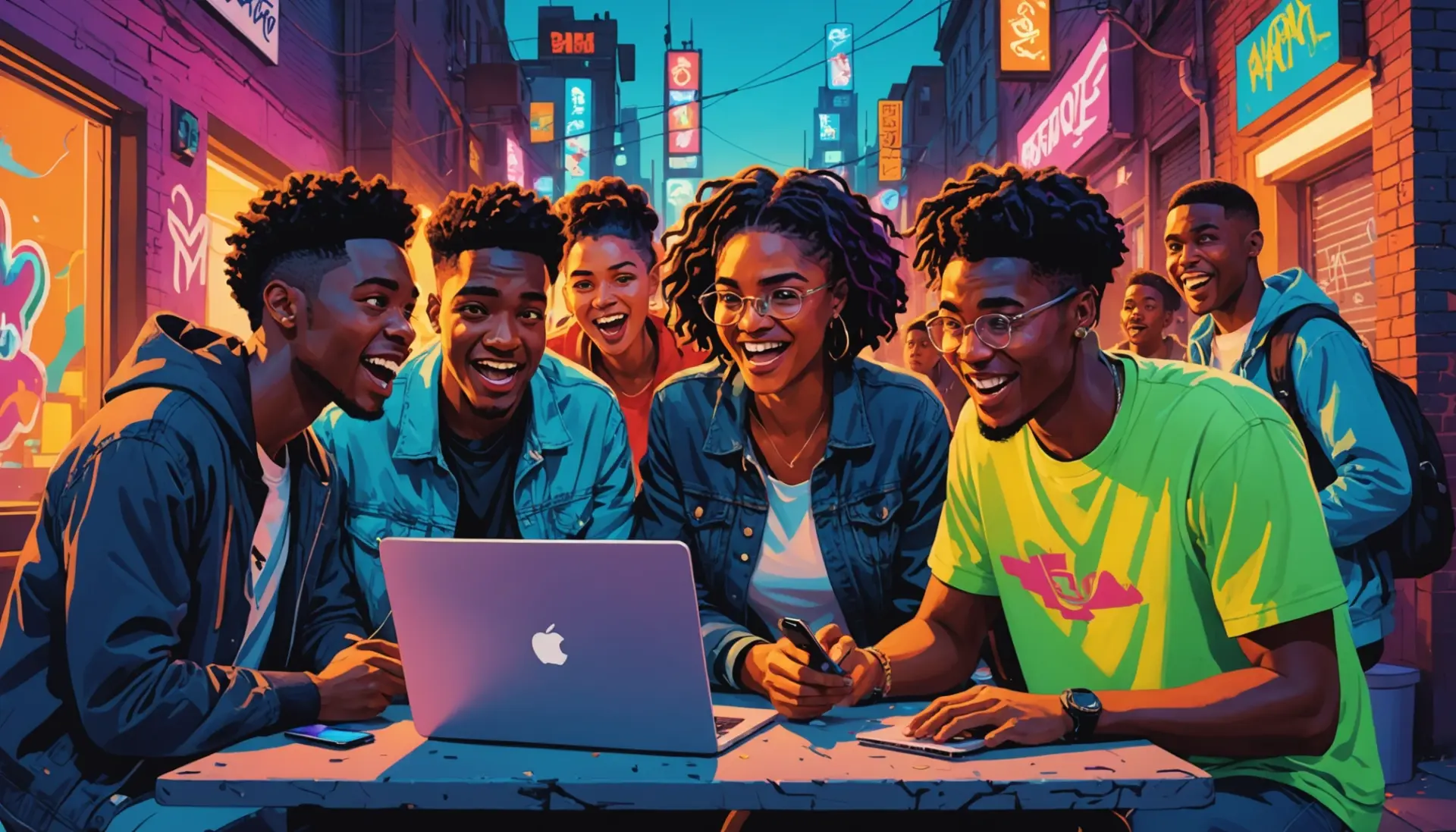 Editorial illustration of people reacting to search results for nasty urban dictionary on a colorful screen