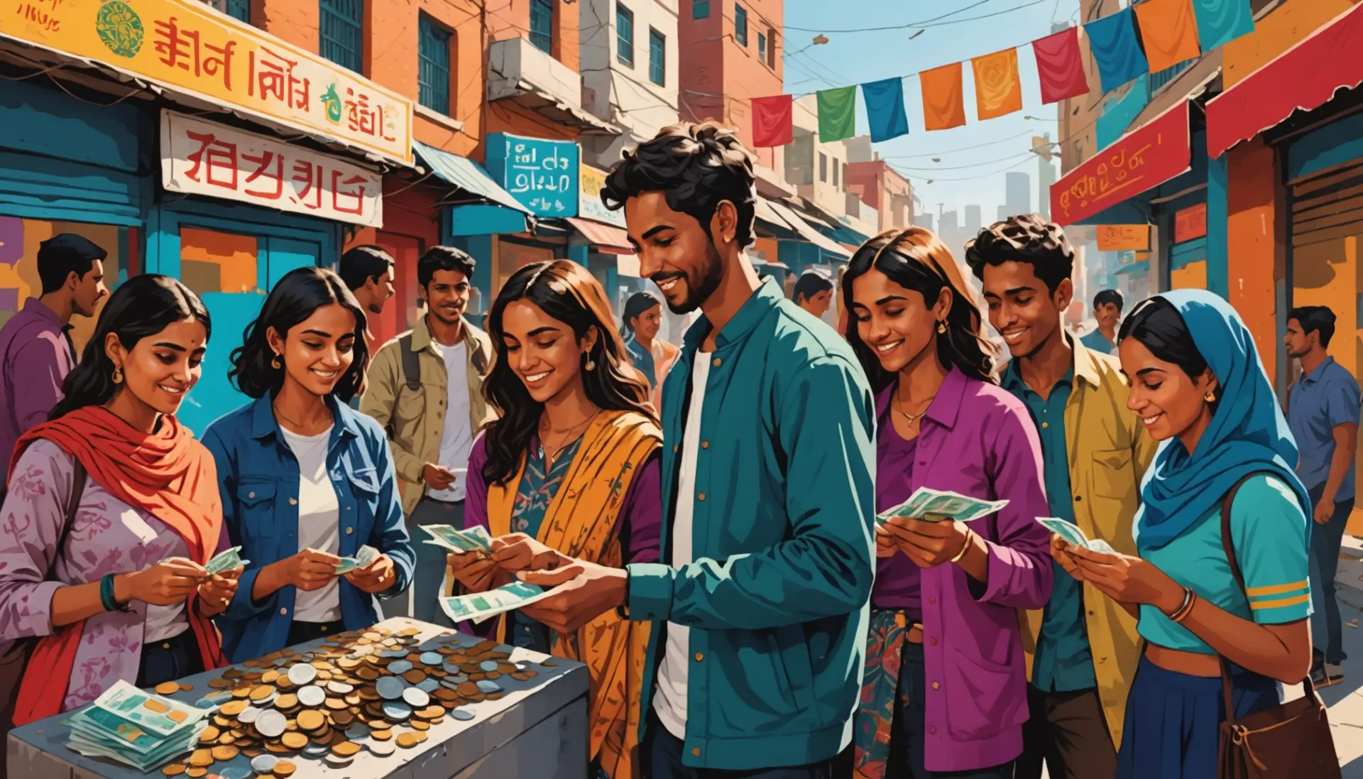 Editorial illustration showing diverse young people exchanging paisa money, highlighting the phrase paisa meaning slang