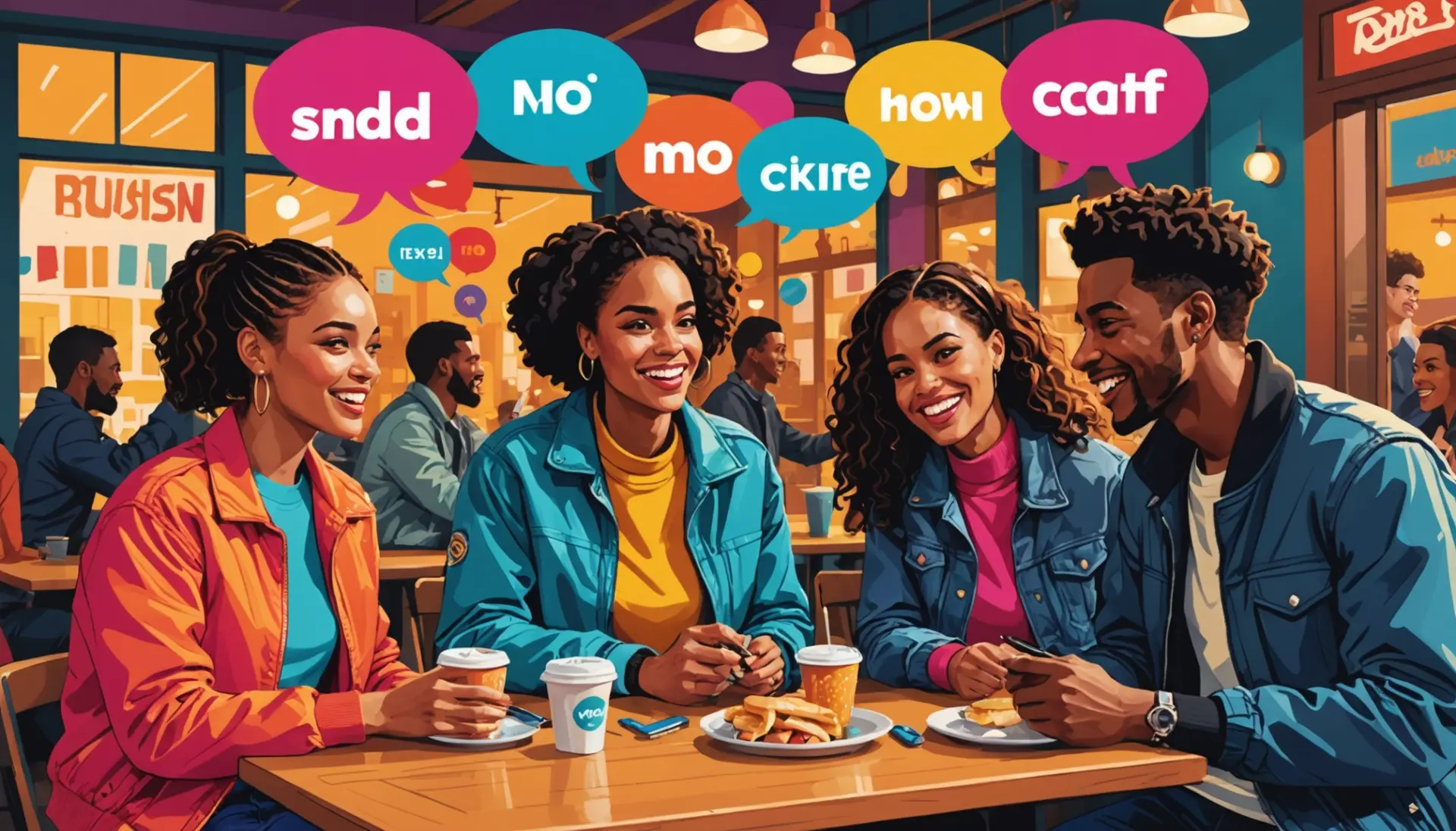 Editorial illustration showing young people using russian slang meaning in speech bubbles
