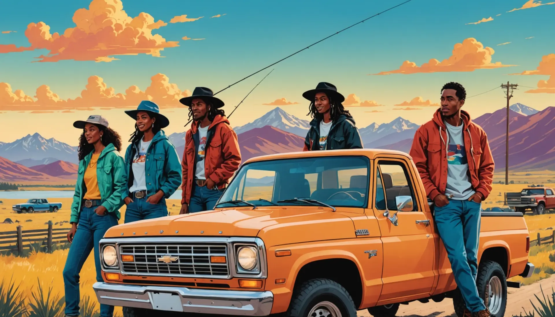 Editorial illustration showing people outdoors using montana slang under a big sky