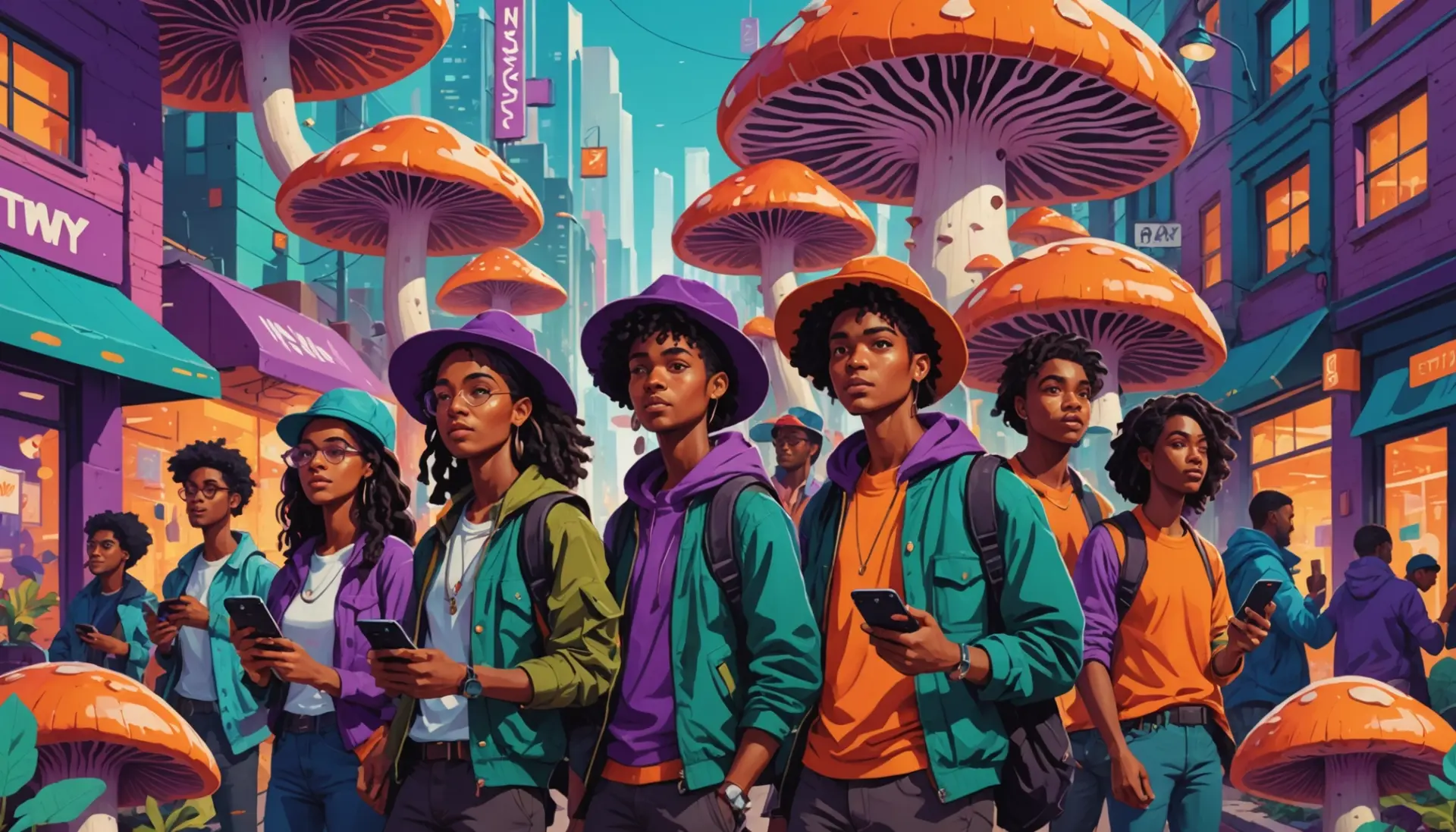 Bright editorial illustration showing people and symbolic mushrooms, reflecting the phrase mushroom slang meaning