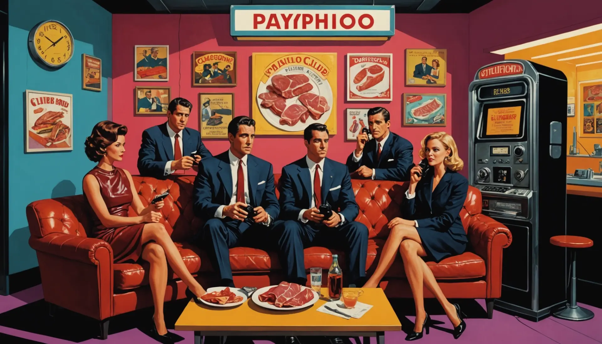 Editorial illustration showing actors and comic mob phrases, featuring the term soprano slang
