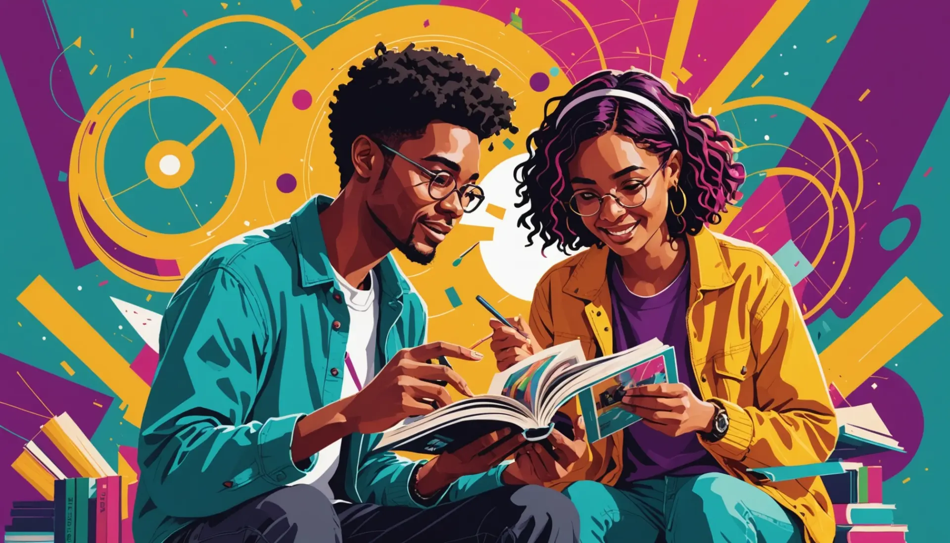 Editorial illustration showing two books and a film reel connecting, representing what is a text to text connection